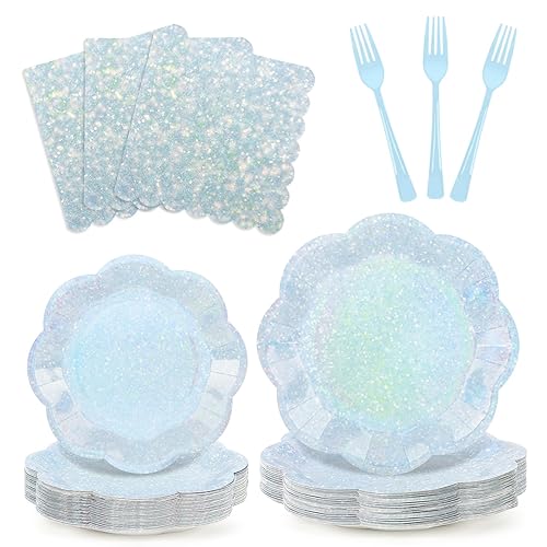 100pcs Blue Paper Plates and Napkins Party Supplies,Iridescent Disposable 9inch Plates,7inch Dessert Plates and Napkins and Forks,Holographic