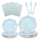 100pcs Blue Paper Plates and Napkins Party Supplies,Iridescent Disposable 9inch Plates,7inch Dessert Plates and Napkins and Forks,Holographic