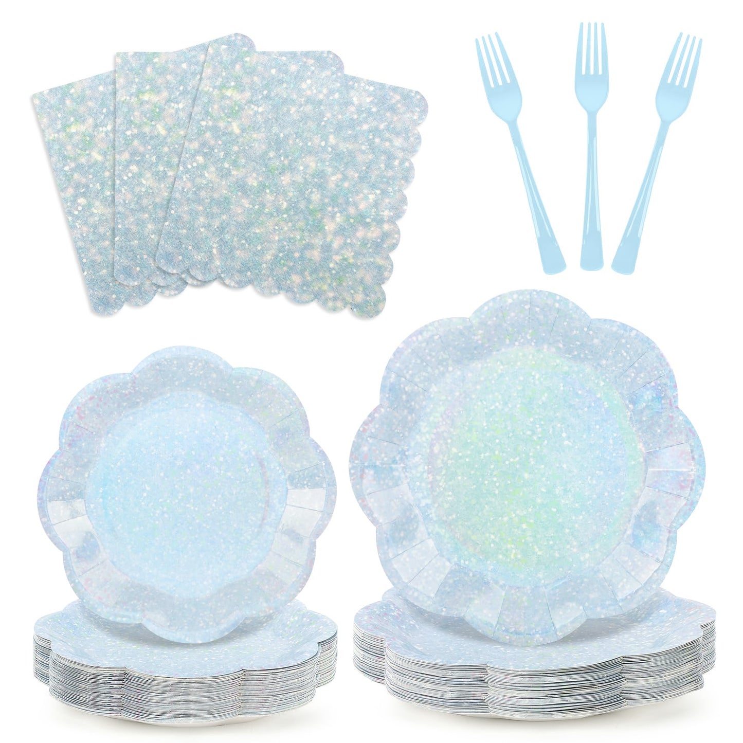100pcs Blue Paper Plates and Napkins Party Supplies,Iridescent Disposable 9inch Plates,7inch Dessert Plates and Napkins and Forks,Holographic