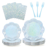 100pcs Blue Paper Plates and Napkins Party Supplies,Iridescent Disposable 9inch Plates,7inch Dessert Plates and Napkins and Forks,Holographic