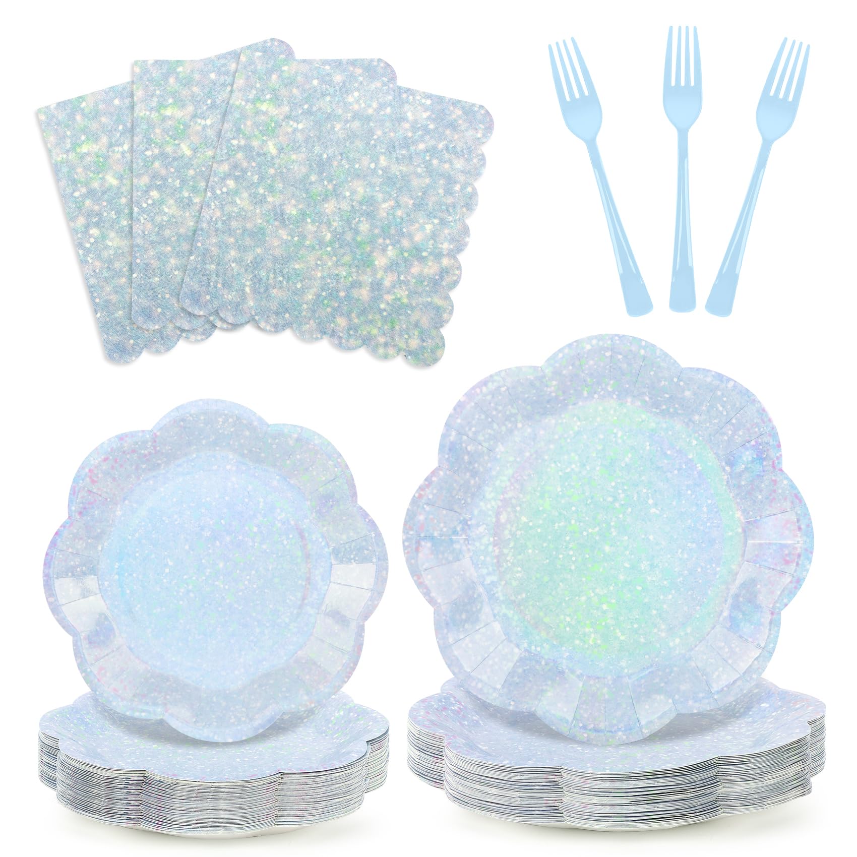 100pcs Blue Paper Plates and Napkins Party Supplies,Iridescent Disposable 9inch Plates,7inch Dessert Plates and Napkins and Forks,Holographic