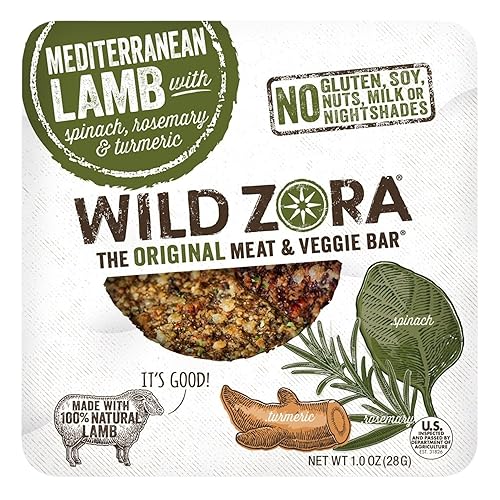 Wild Zora Meat & Veggie Bars, Mediterranean Lamb, 8-Pack, 100% Grass Fed Lamb, Healthy Jerky Paleo Snacks, AIP Friendly, Gluten Free, Soy Free, High