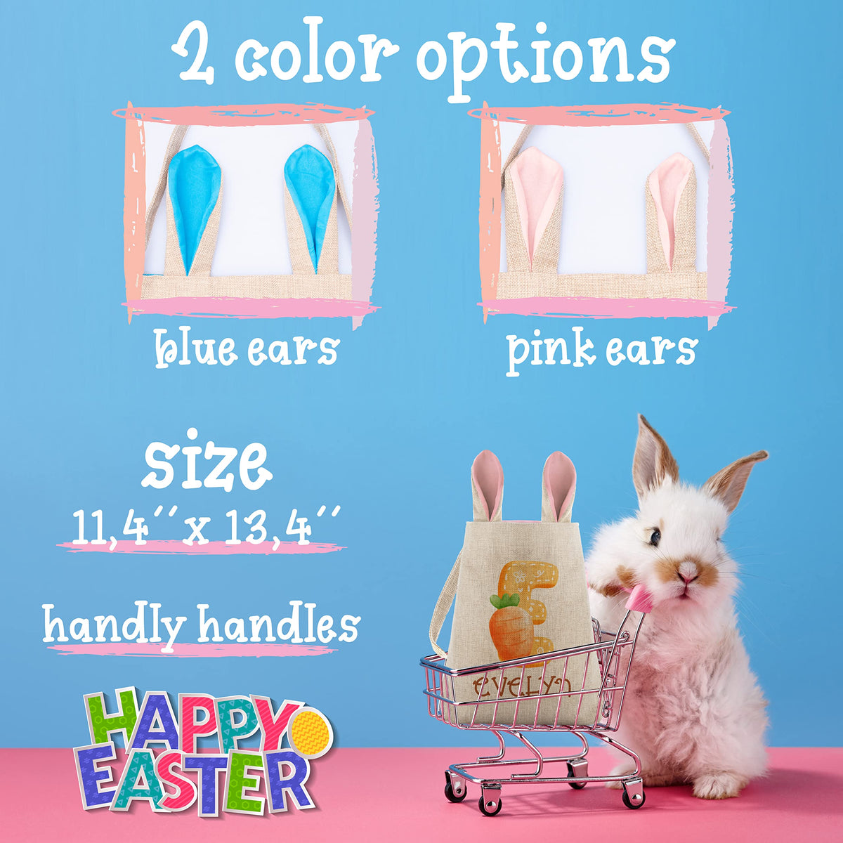 Set of 2, Personalized Easter Baskets for Boys & Girls w/Initail & Name, Pink or Blue Bunny Ears - Customize Tote Bag with Handle for Easter Eggs