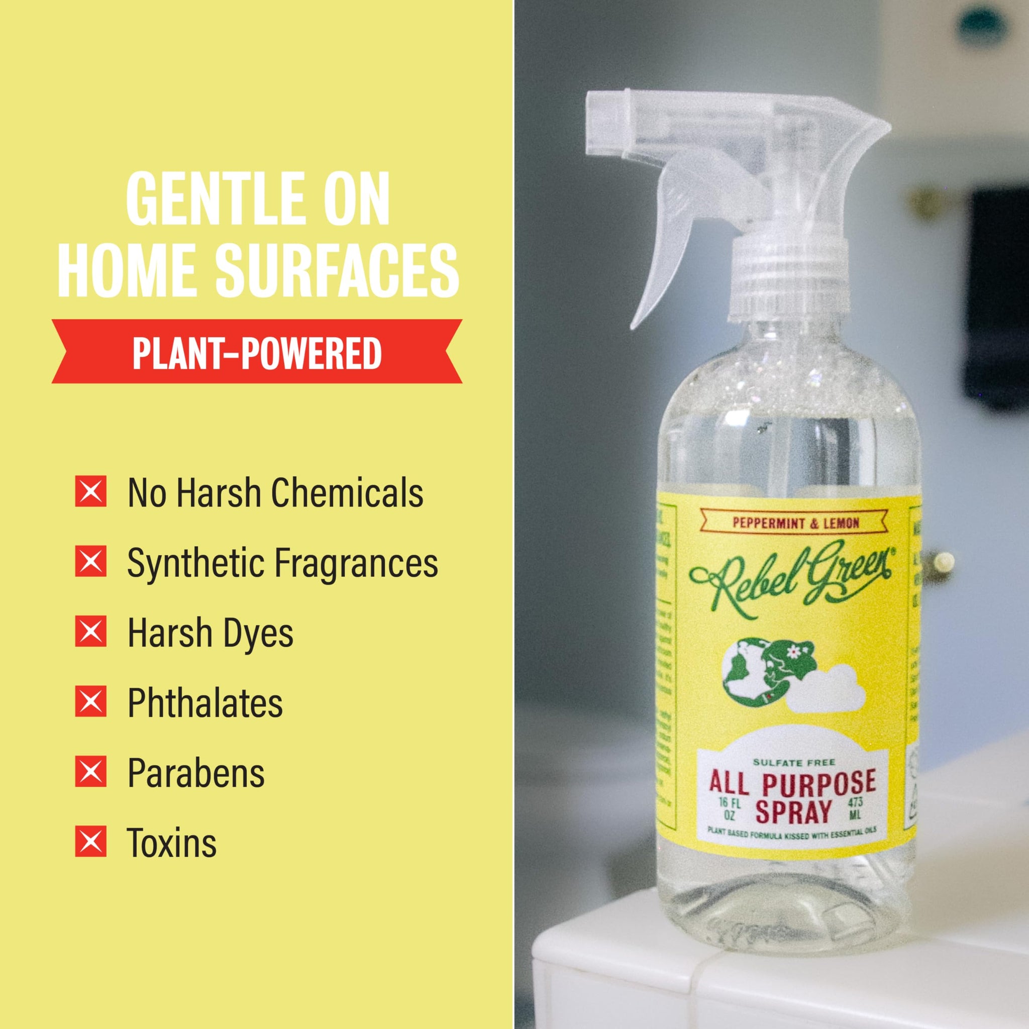 Rebel Green Natural All-Purpose Cleaning Spray - Plant-Derived Multi-Surface Cleaner with Essential Oils for Kitchen, Bath, Countertops and More