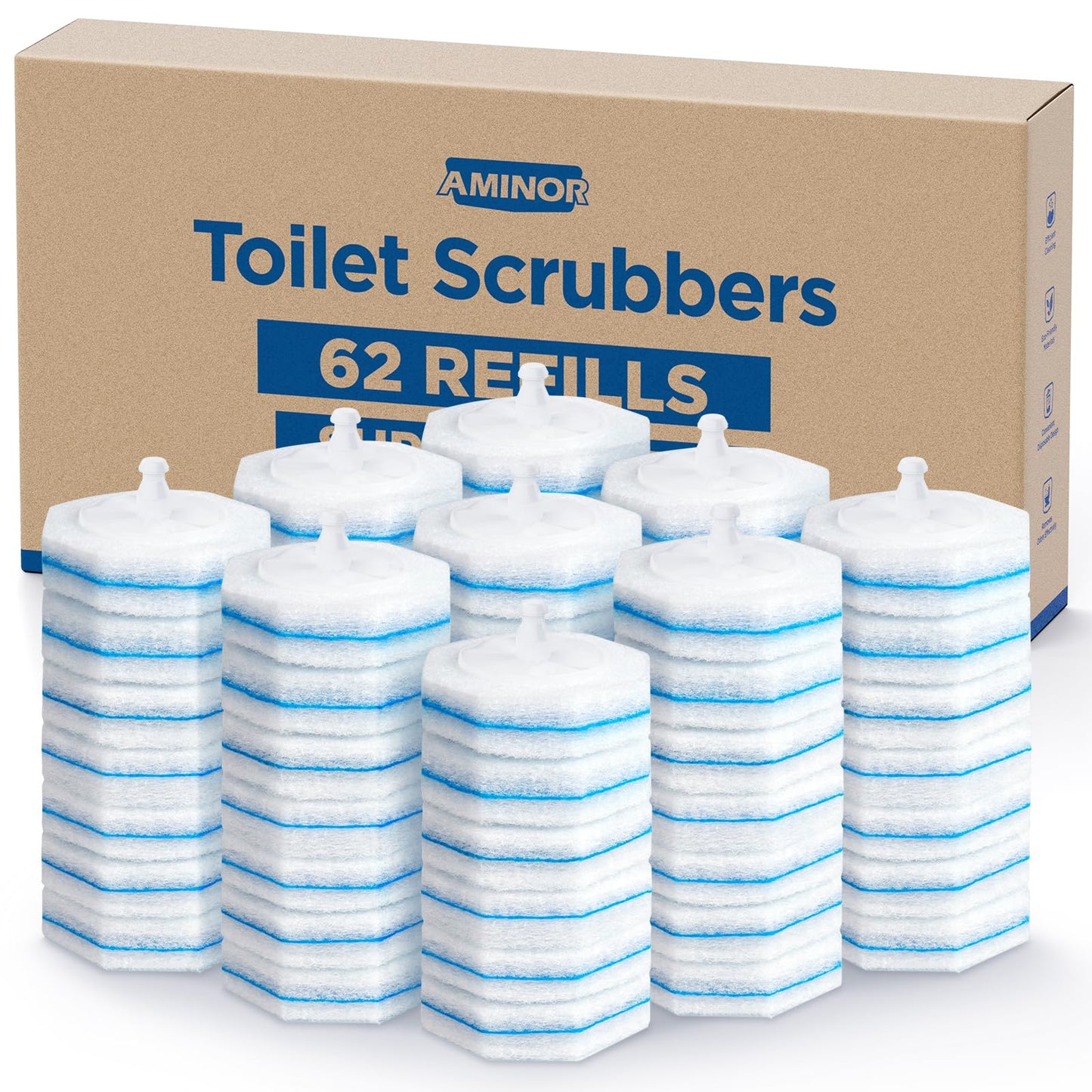 62 Count Toilet Wand Refills For Clorox Wand, 3-Layer Brush Heads with Upgraded Toilet Bowl Cleaners For 99.9% Stains Removal