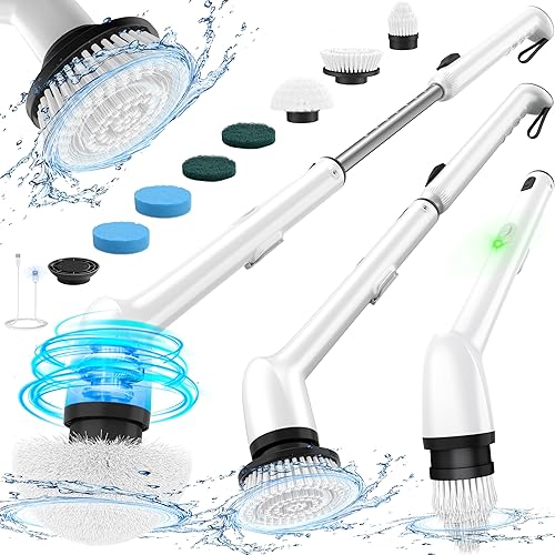LyriFine Electric Spin Scrubber, New Full-Body IPX7 Waterproof Bathroom Cleaner Brush, Shower Scrubber with Long Handle & 2 Speed, Heads Replacement
