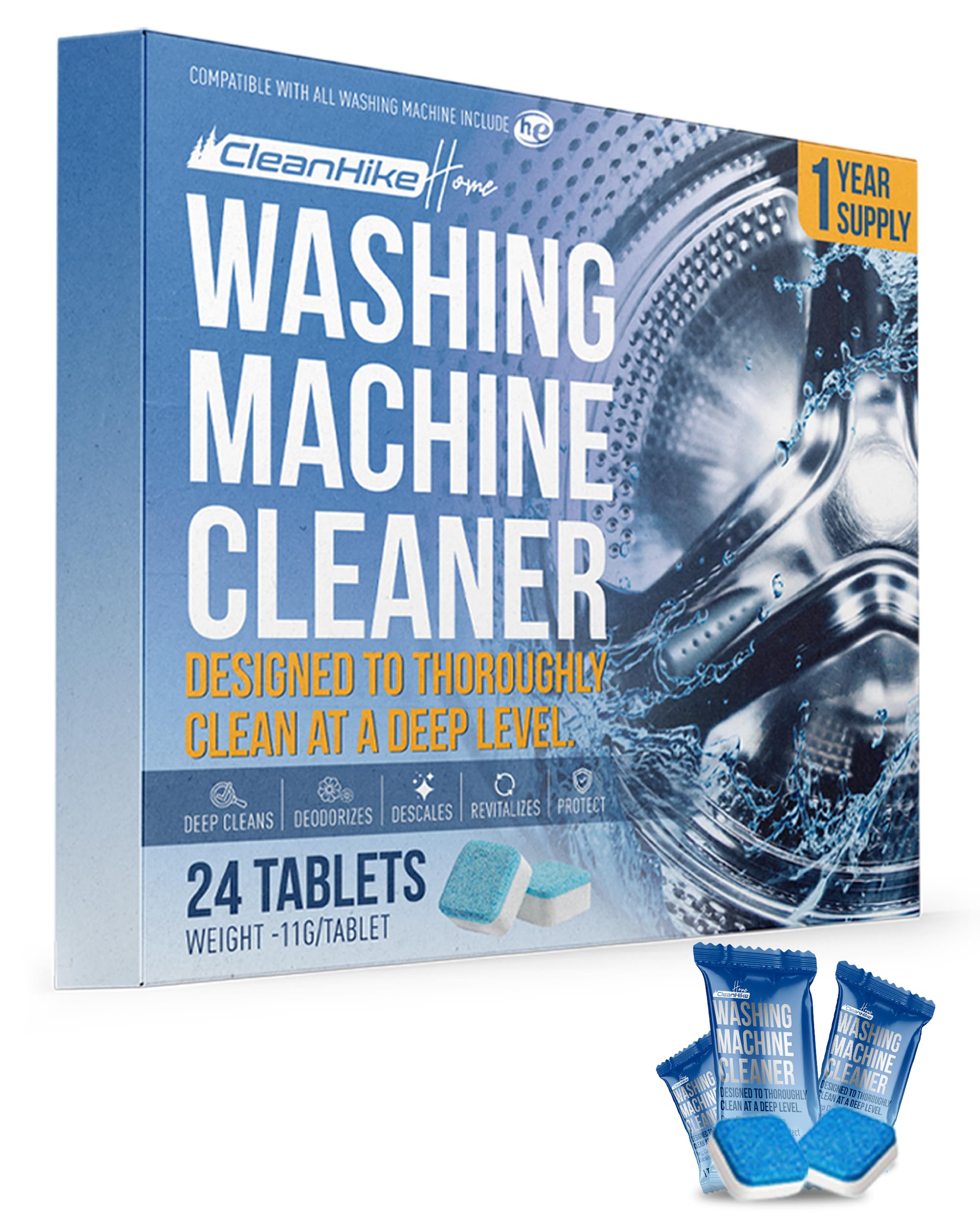 Washing Machine Cleaner Tablets - 24 Pack (1 Year Supply) Deep Cleaning Descaler for HE Front & Top Load Washers - Eco-Friendly Septic Safe Formula