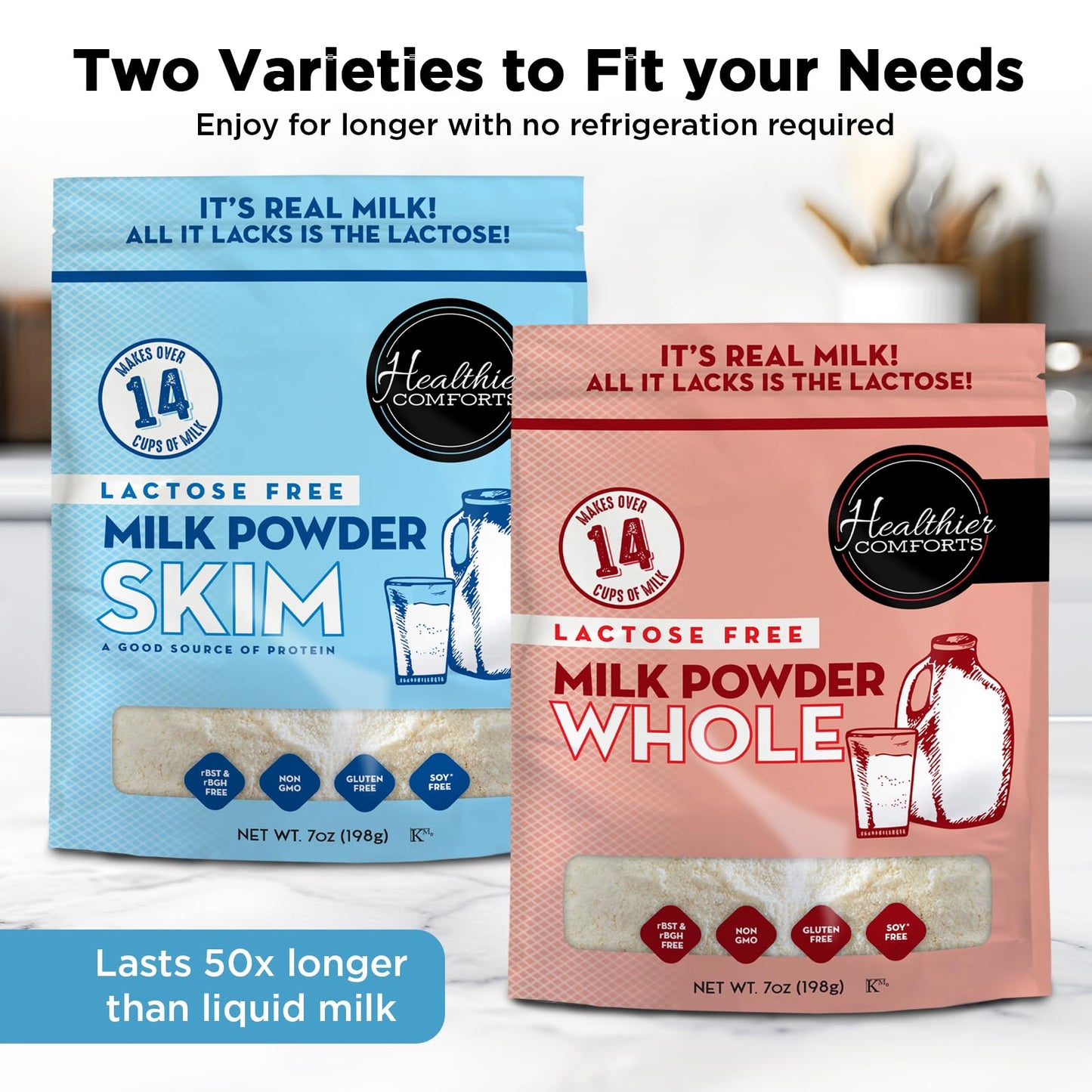 Healthier Comforts Lactose Free Skim Milk Powder | High Protein, Fat Free, Non-GMO, rBST Hormone Free, Kosher, Gluten Free, No Fillers | Baking, Coffee Creamer, Shakes| Makes 14 cups (7 oz) (7 oz)