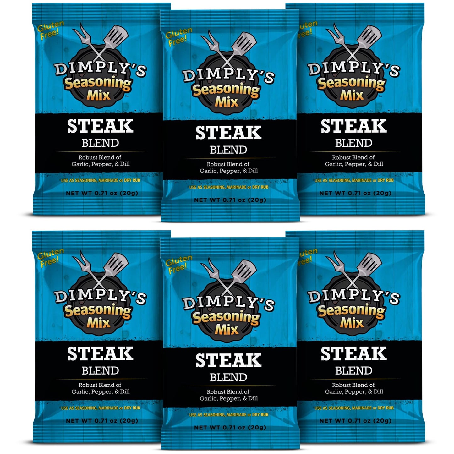 Dimply's Steak Seasoning Mix 6 Pack Dry Rub and Marinade for Meat Chicken Tofu and Vegetables Bold Garlic Pepper Dill Blend No MSG Gluten Free Vegan