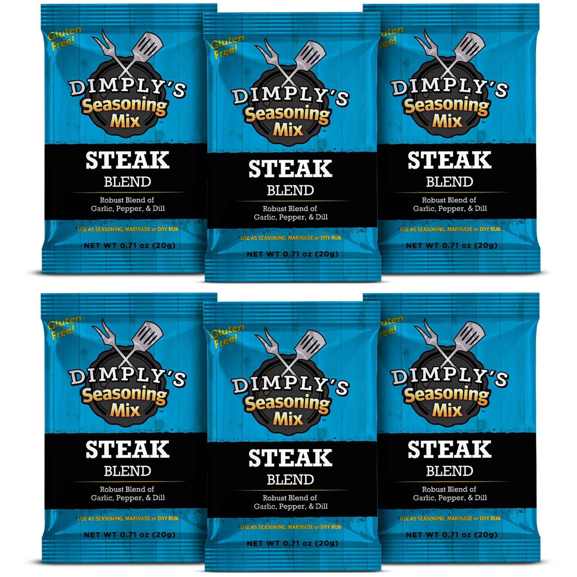 Dimply's Steak Seasoning Mix 6 Pack Dry Rub and Marinade for Meat Chicken Tofu and Vegetables Bold Garlic Pepper Dill Blend No MSG Gluten Free Vegan