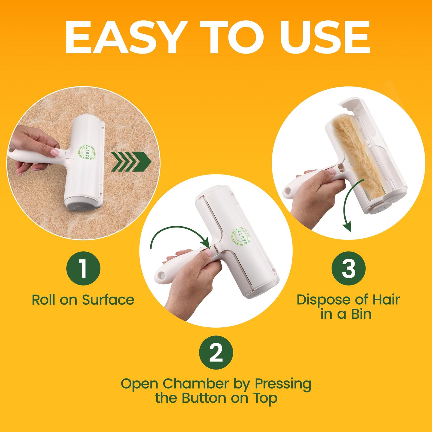 ZELOVO Roller Pet Hair Remover - Reusable Lint Roller for Cat & Dog Hair on Carpet, Couch, Car, Furniture, Rugs & Bedding - Portable, Eco-Friendly
