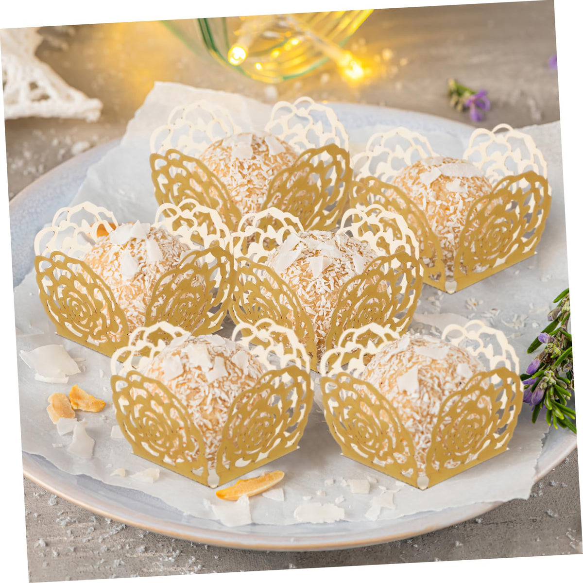 FELTECHELECTR 100pcs Flower Edge Truffle Wrappers for Wedding Party Chocolate Cup Liners Safe Paper Dessert Wraps