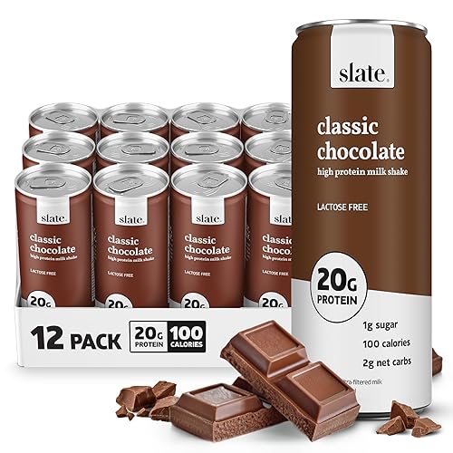 Slate Milk - High Protein Milk Shake - Classic Chocolate - Lactose Free, 20g Protein, 1g Sugar, 100 Calories, 2g Net Carbs, No Added Sugar - Natural