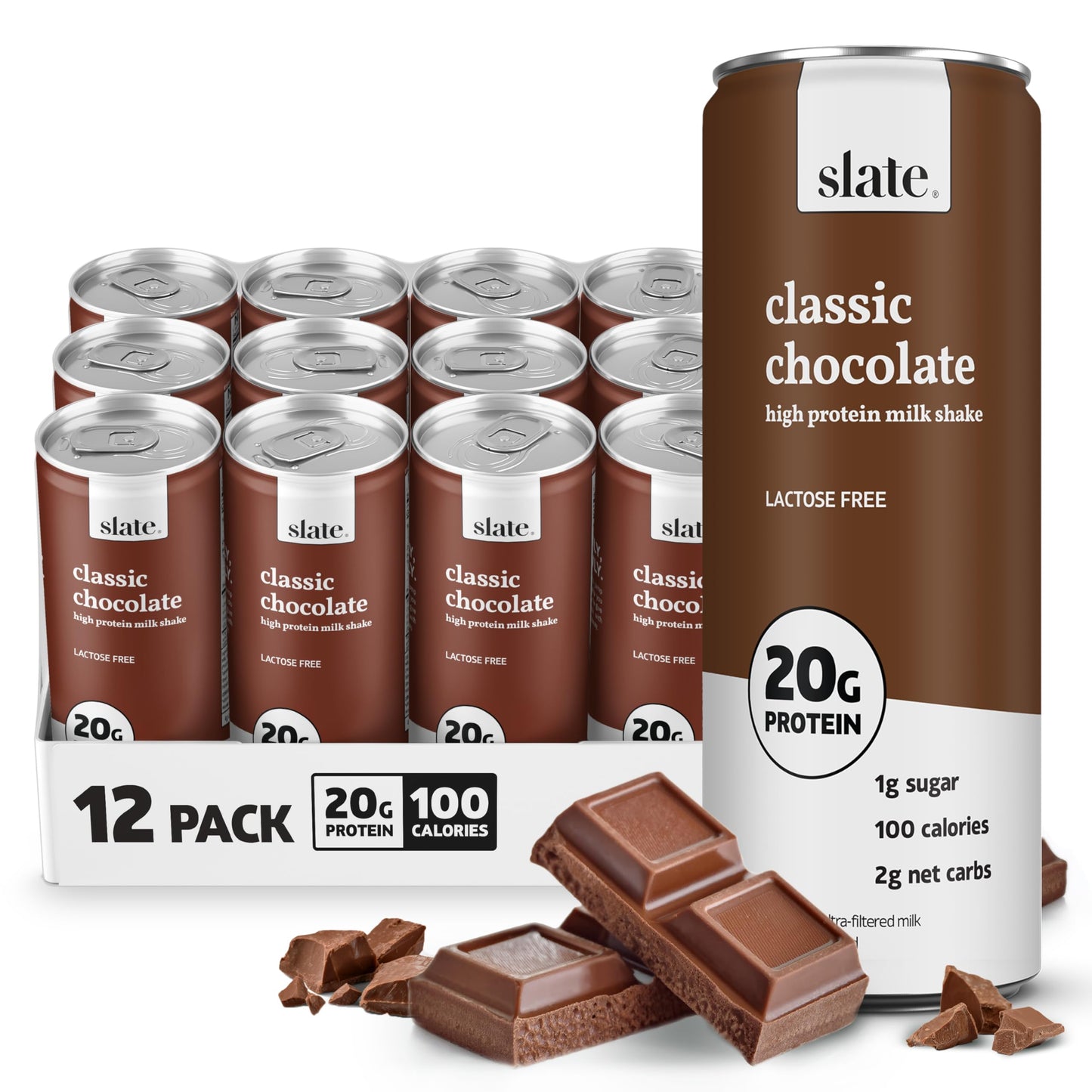 Slate Milk - High Protein Milk Shake - Classic Chocolate - Lactose Free, 20g Protein, 1g Sugar, 100 Calories, 2g Net Carbs, No Added Sugar - Natural
