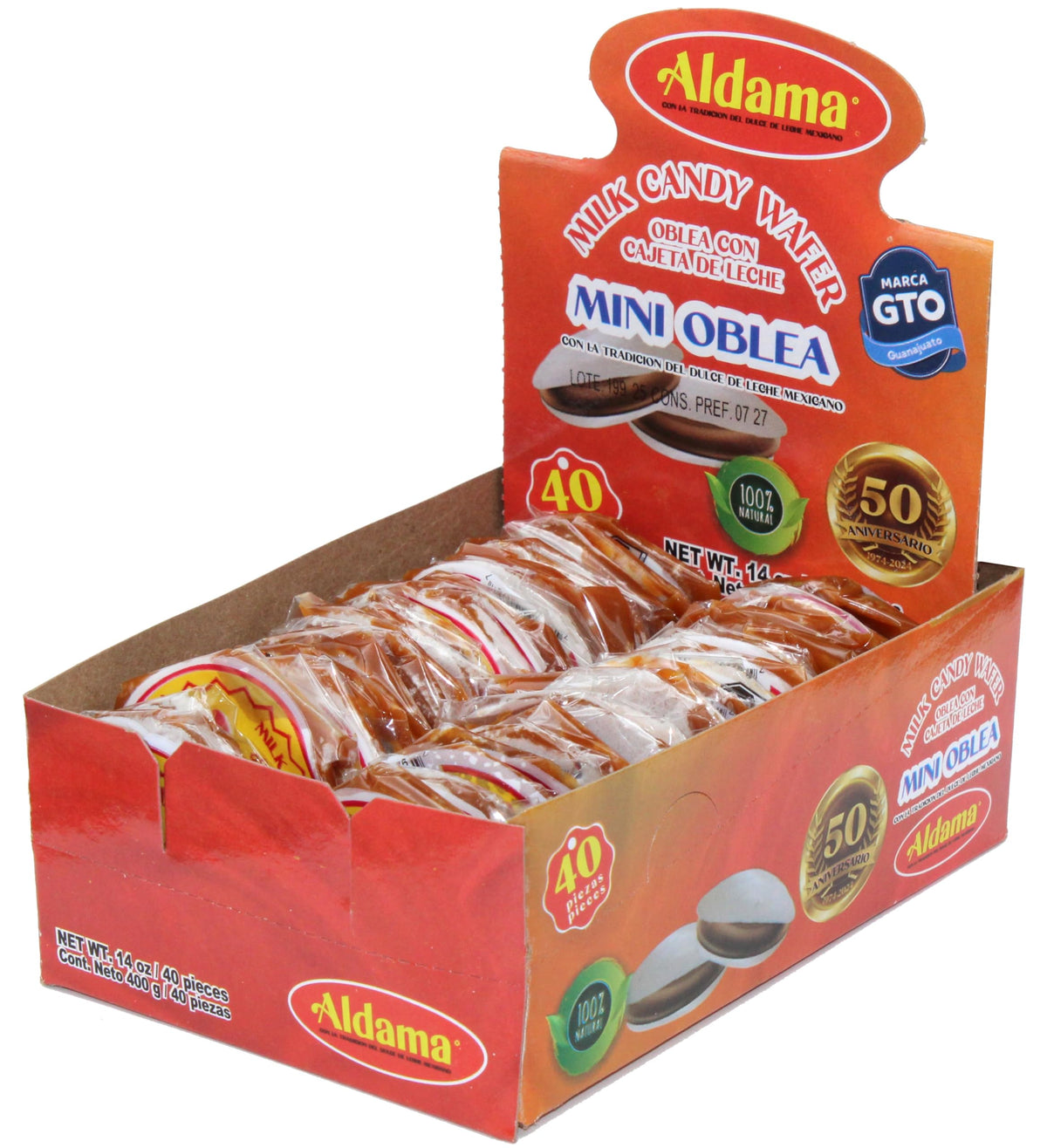 Aldama Mini Oblea Milk Candy Wafer with Cajeta de Leche, 100% Natural, 14 oz, 40 Pieces