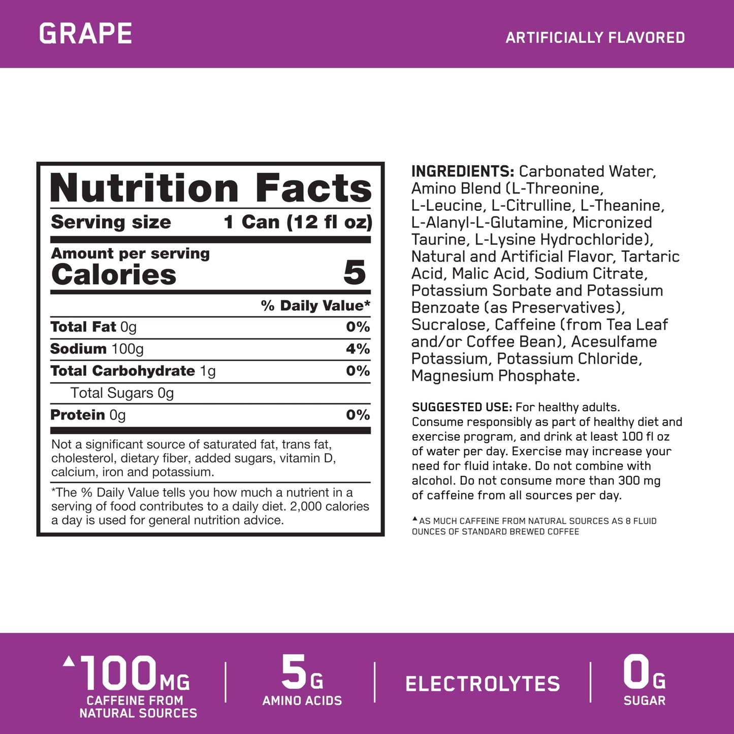 Optimum Nutrition Amino Energy Sparkling Hydration Drink, Electrolytes, Caffeine, Amino Acids, BCAAs, Sugar Free, Grape, 12 Fl Oz, 1 count (Packaging