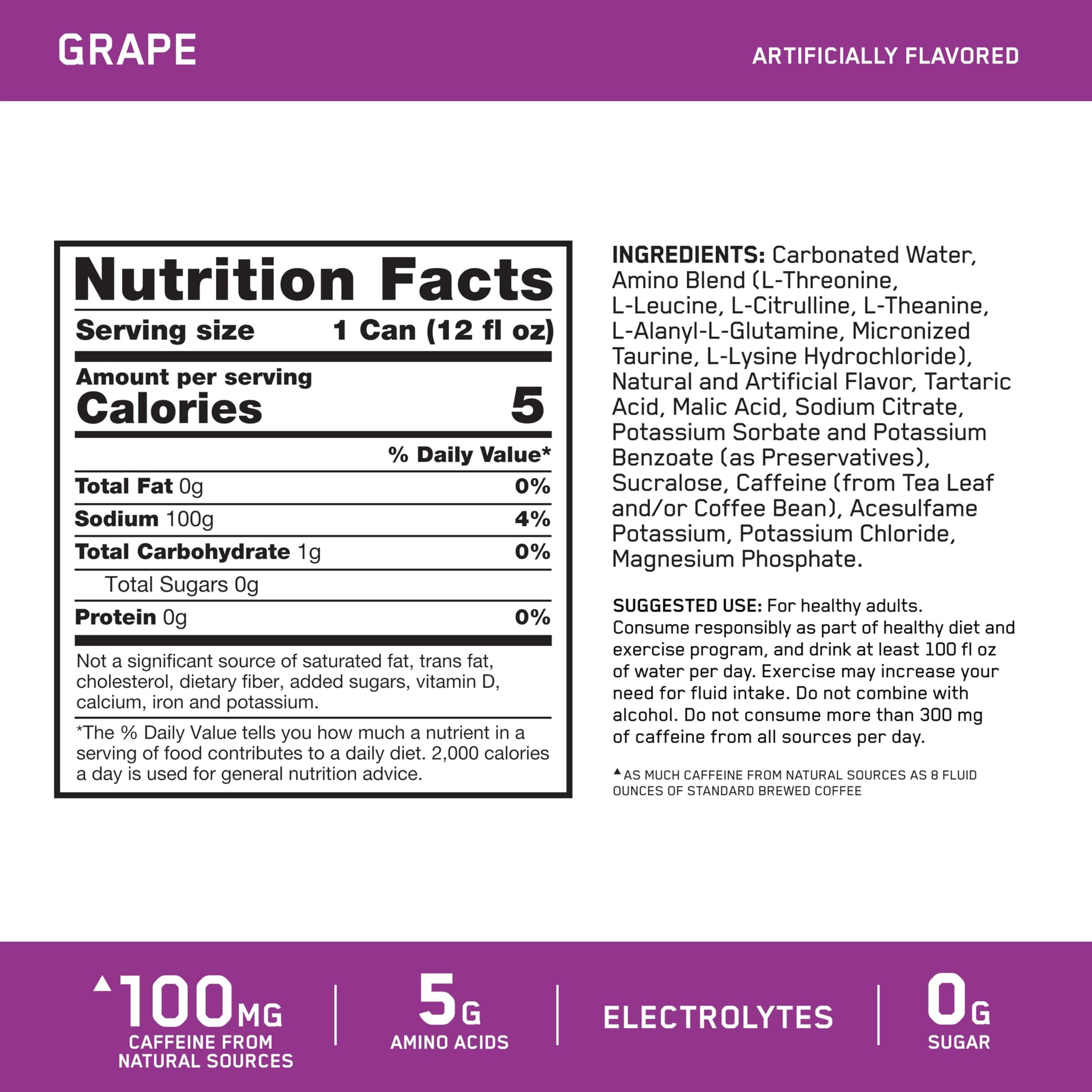 Optimum Nutrition Amino Energy Sparkling Hydration Drink, Electrolytes, Caffeine, Amino Acids, BCAAs, Sugar Free, Grape, 12 Fl Oz, 1 count (Packaging