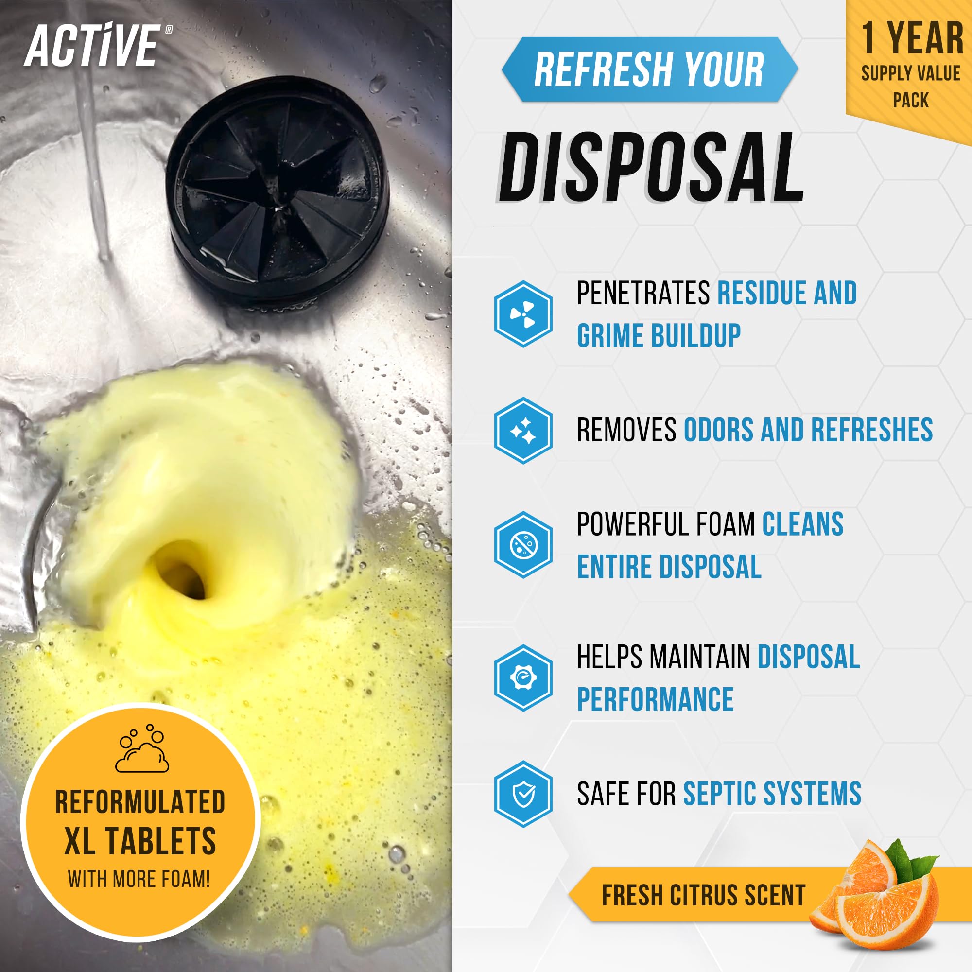 Garbage Disposal Cleaner Deodorizer Tablets - 24 Pack, New Powerful XL Foaming Tablet - Fresh Citrus Foam Sink Garburator Disposer Freshener, Natural