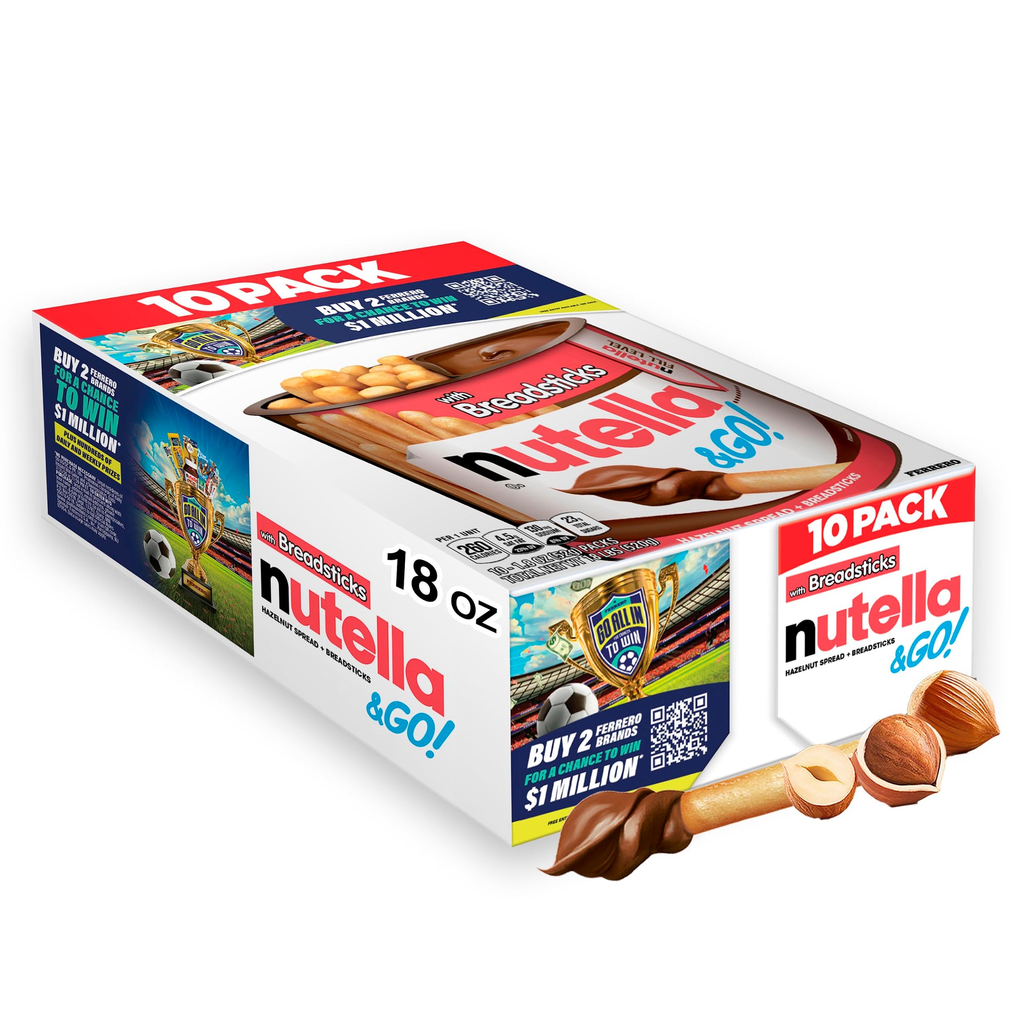 Nutella & GO! Chocolate Hazelnut Spread with Cocoa + Breadsticks, 10 Snack Packs, 1.8 oz Each