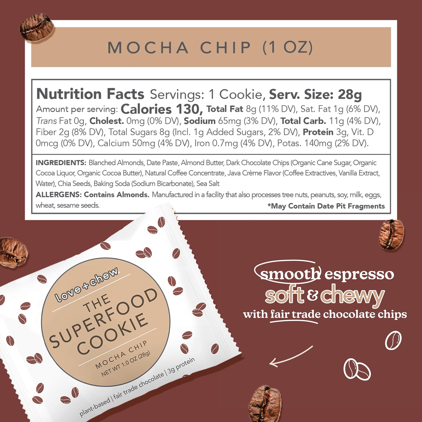 Love + Chew Mini Vegan Cookies, Gluten Free, 3g Plant Based Protein Per Cookie with Dark Chocolate and Coffee, Healthy Snacks for Adults, Individually