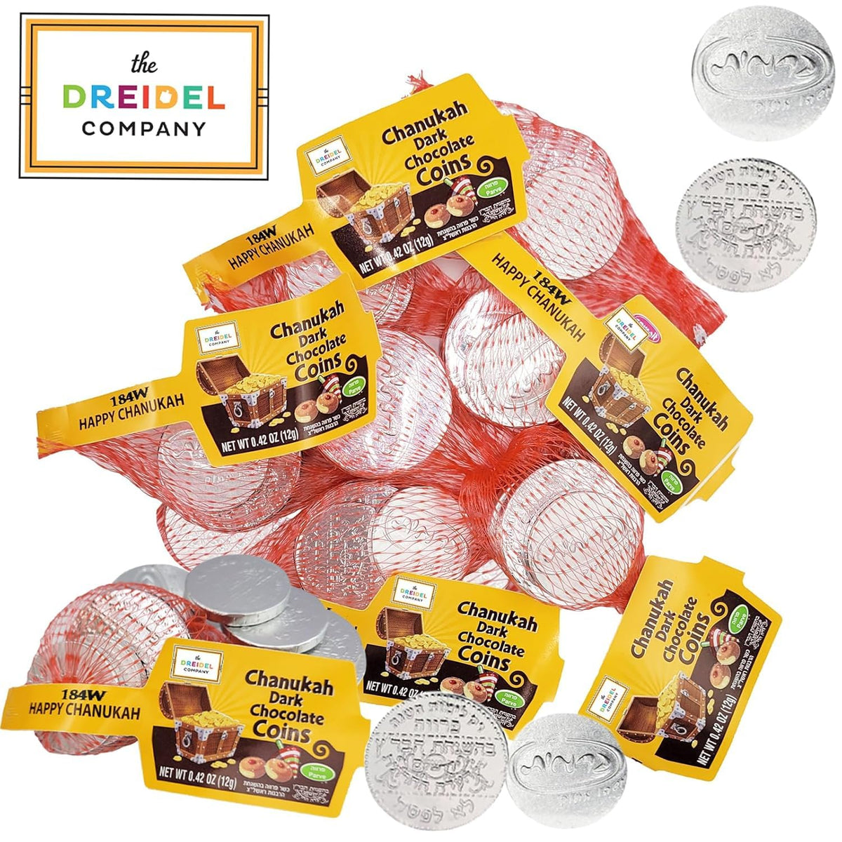 The Dreidel Company Hanukkah Gelt,12 Mesh Bags Dark Bittersweet Non Dairy Parve Coins, Made in Israel, Kosher Certified Chanukah Gelt 12 Mesh Bags