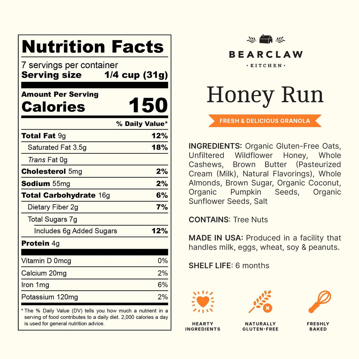 Bearclaw Kitchen - Honey Run Granola - Naturally Gluten Free - Organic Oats, Cashews, Almonds, Organic Pumpkin Seeds, Coconut, & Wildflower Honey - No