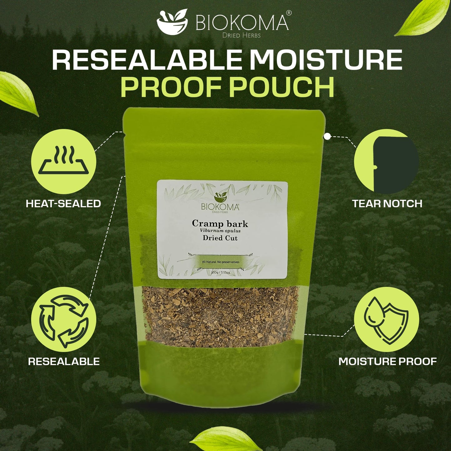 Biokoma Cramp Bark Dried Cut 100g 3.55oz Premium Viburnum Opulus Natural Herbal Tea Muscle Relaxation Menstrual Support Reproductive Health Resealable