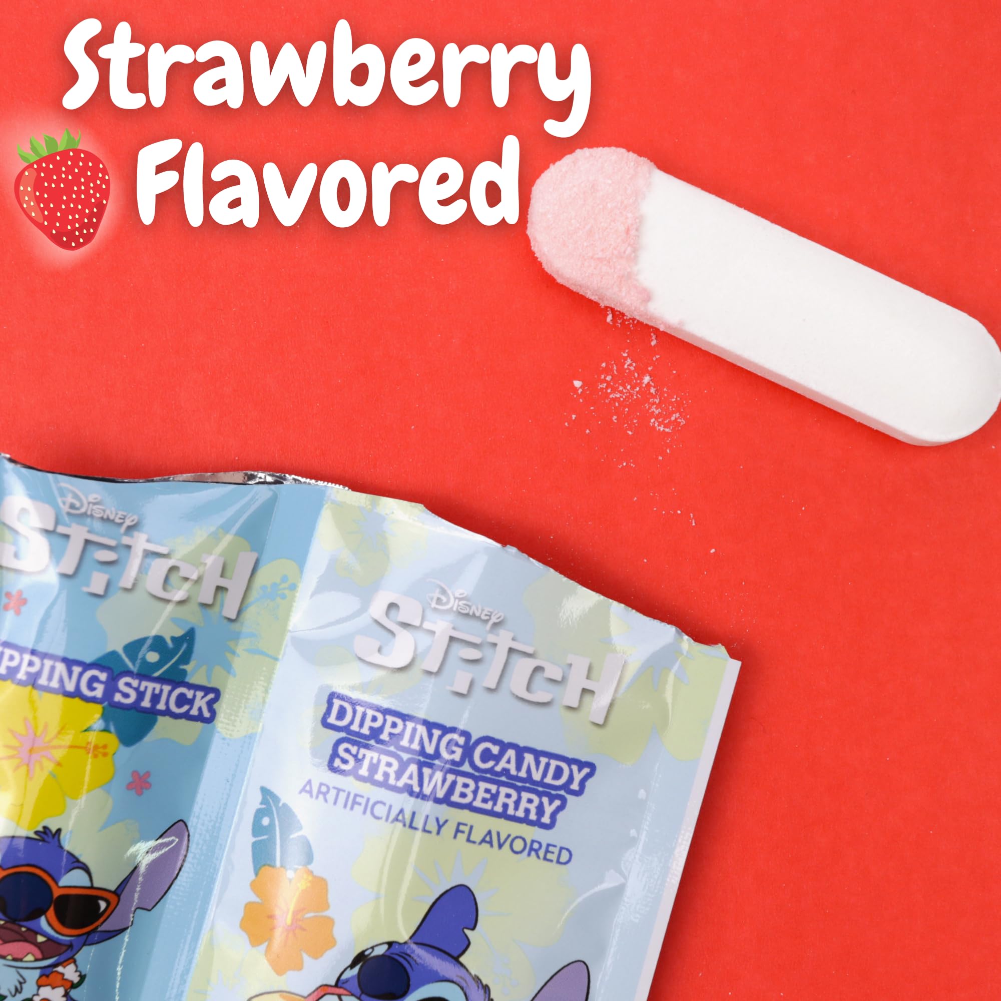 Disney Lilo and Stitch Dipping Sticks and Powder Candy, Strawberry Flavored, Birthday Party Treats, 20 Individual Pouches