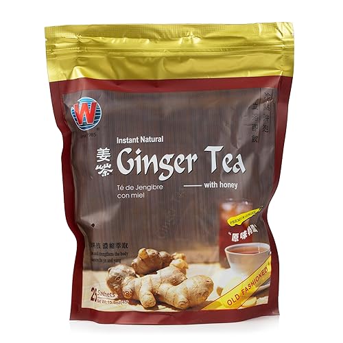 Wing Hop Fung Instant Natural Ginger Tea with Honey, 25 Individually Wrapped Sachets, Premium Ginger Beverage for Warming & Digestive Support, Made
