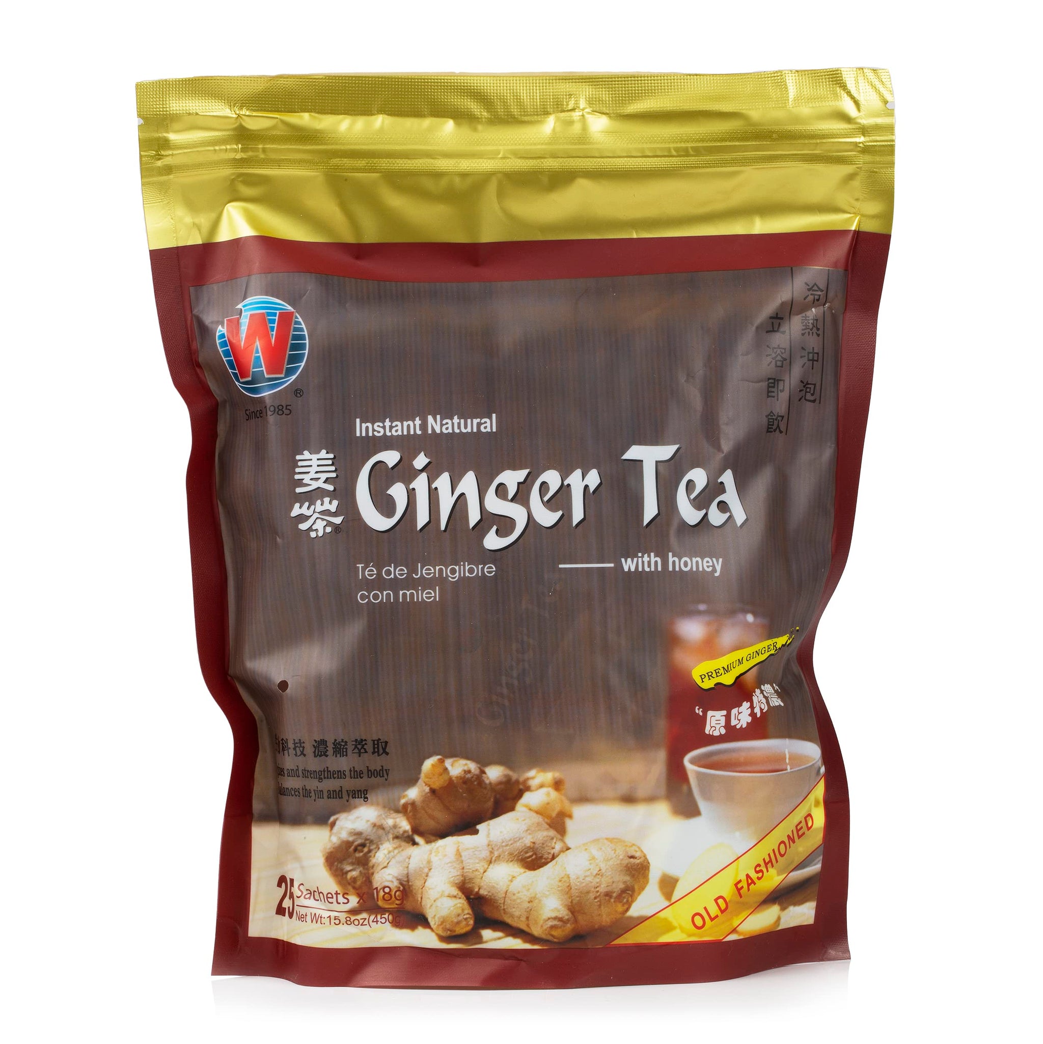 Wing Hop Fung Instant Natural Ginger Tea with Honey, 25 Individually Wrapped Sachets, Premium Ginger Beverage for Warming & Digestive Support, Made