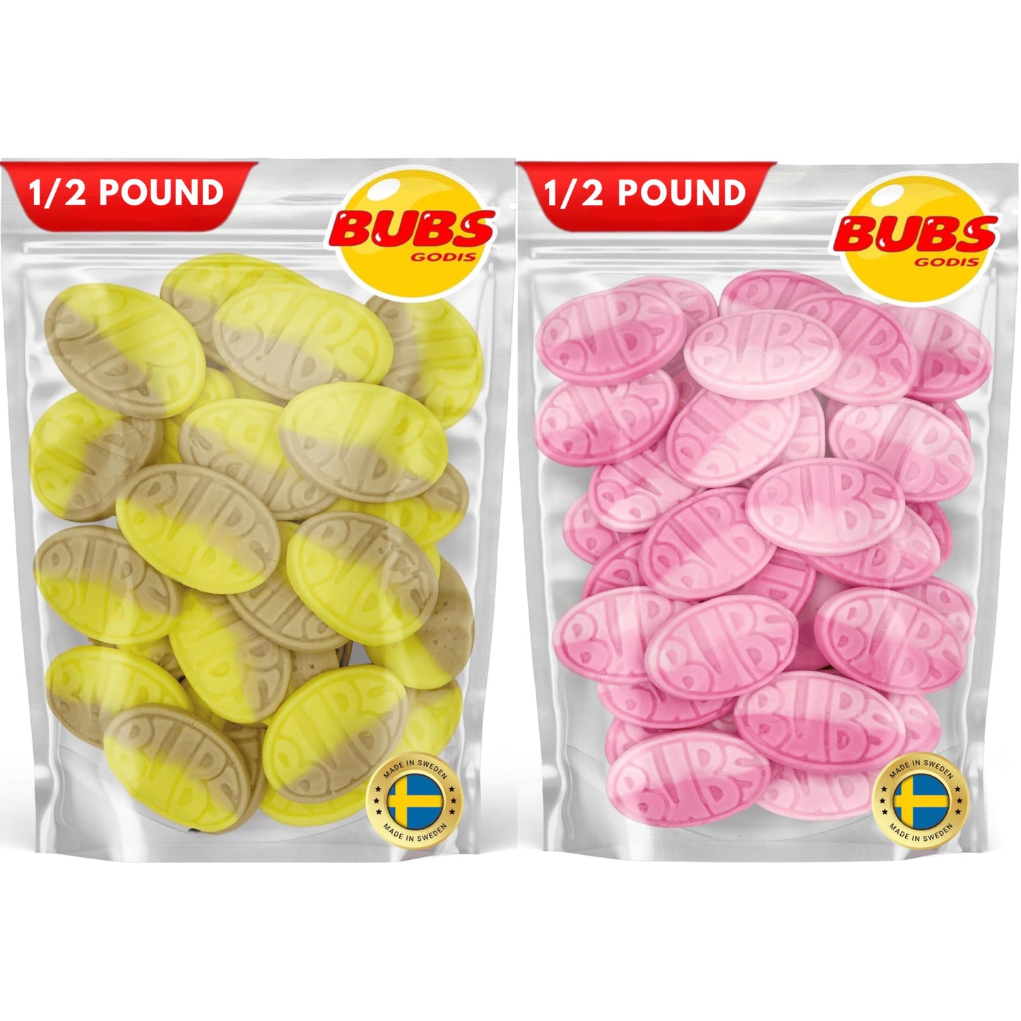 Bubs Banana Ovals & Bubs Strawberry Pomegranate Ovals Bundle. Sweet Swedish Foam Candy. Packed in two Half Pound Nrdiq Candy bags. Totally 1 Pound