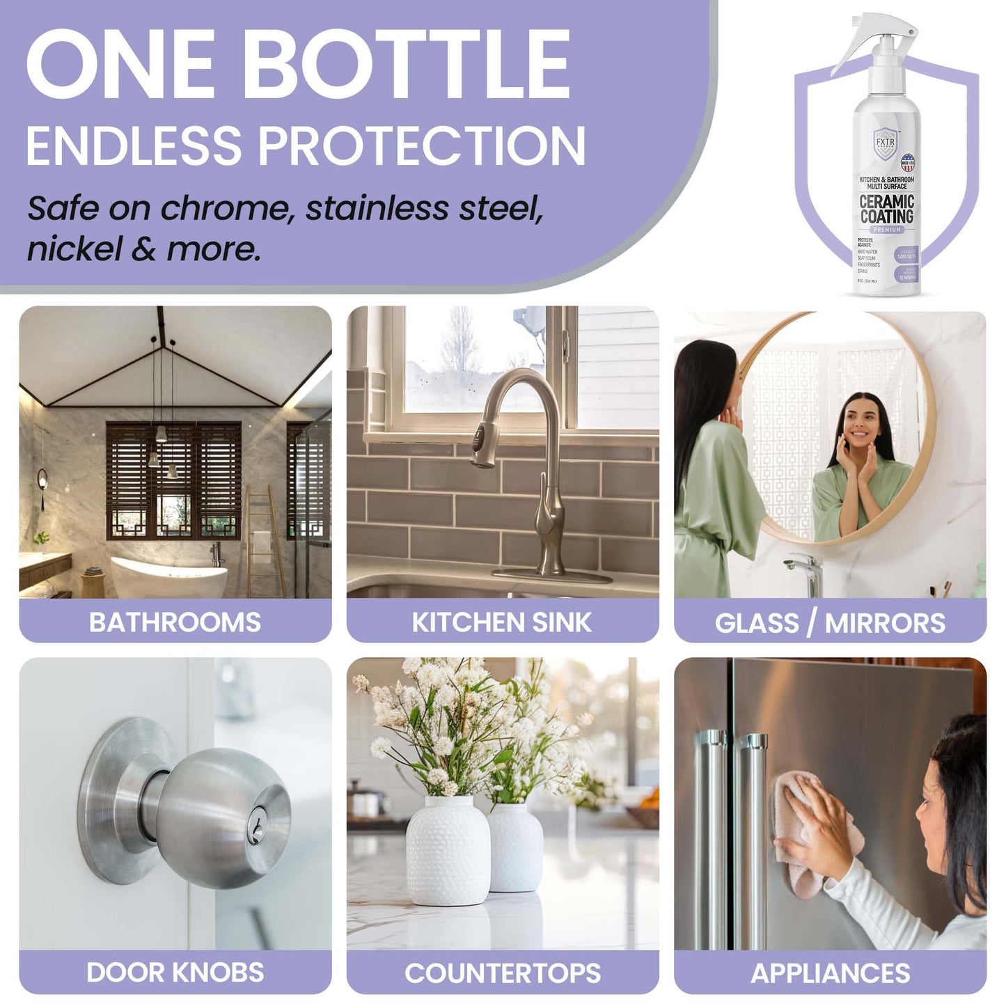 Fixture Shield Home Ceramic Coating Spray - SiO? Hydrophobic Protection for Kitchen & Bathrooms + Stainless Steel | Repels Fingerprints, Stains & Hard