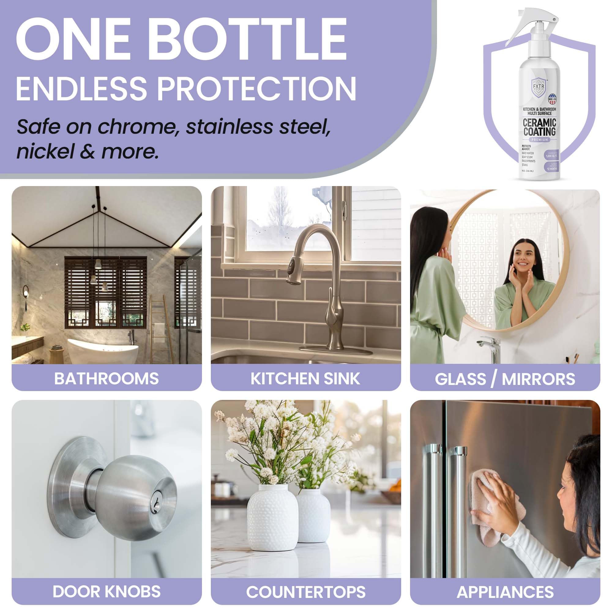 Fixture Shield Home Ceramic Coating Spray - SiO? Hydrophobic Protection for Kitchen & Bathrooms + Stainless Steel | Repels Fingerprints, Stains & Hard