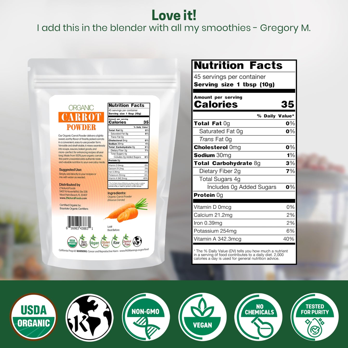 Z Natural Foods Organic Carrot Powder, Natural Superfood Powder for Vision and Heart Health, Great in Juices, Smoothies, and Recipes, Non-GMO, Vegan