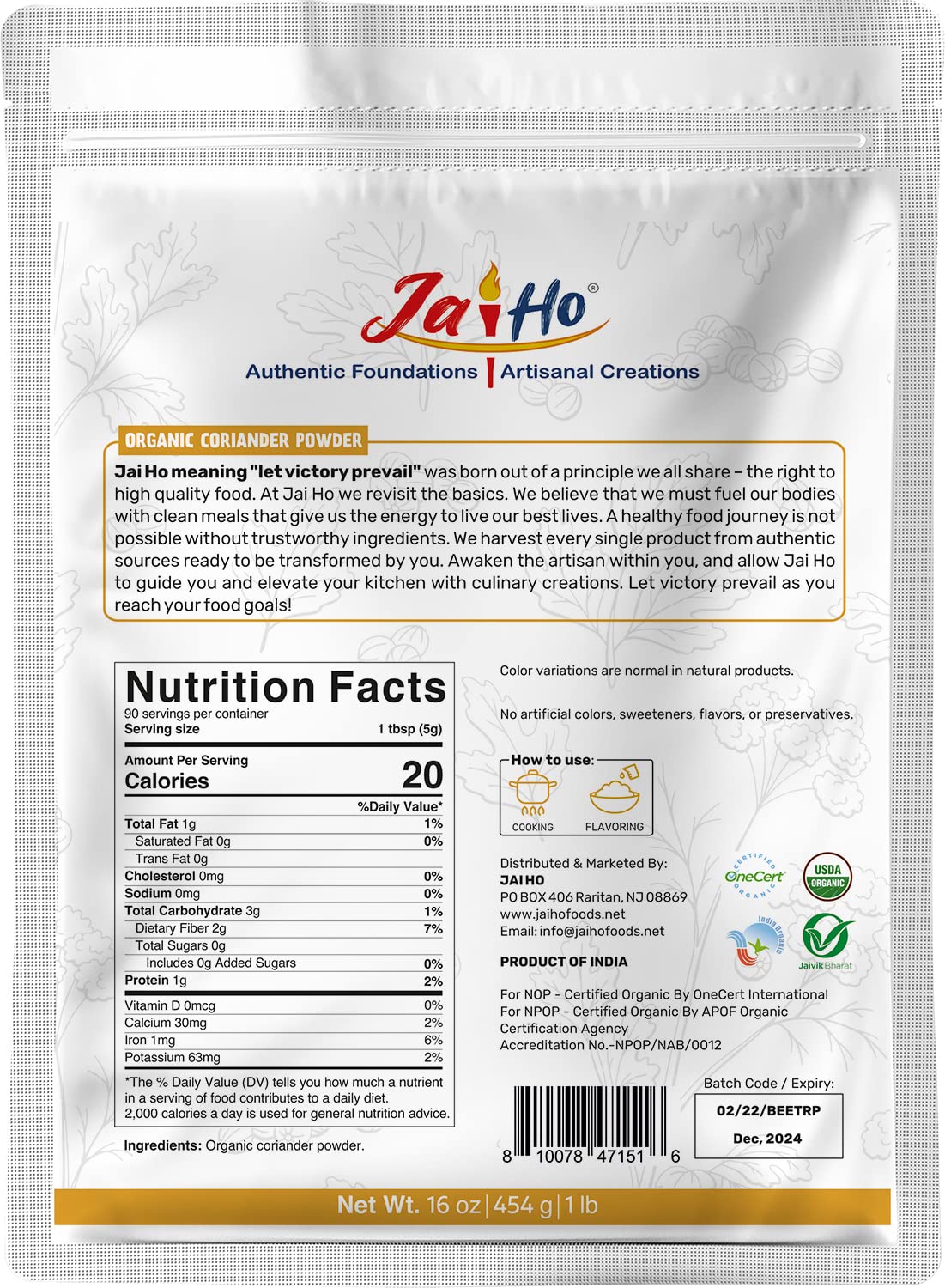 Jai Ho Certified USDA Organic Ground Coriander Powder - 1 LB - Gluten-Free, Vegan, Non-GMO - Resealable Zip Lock Pouch