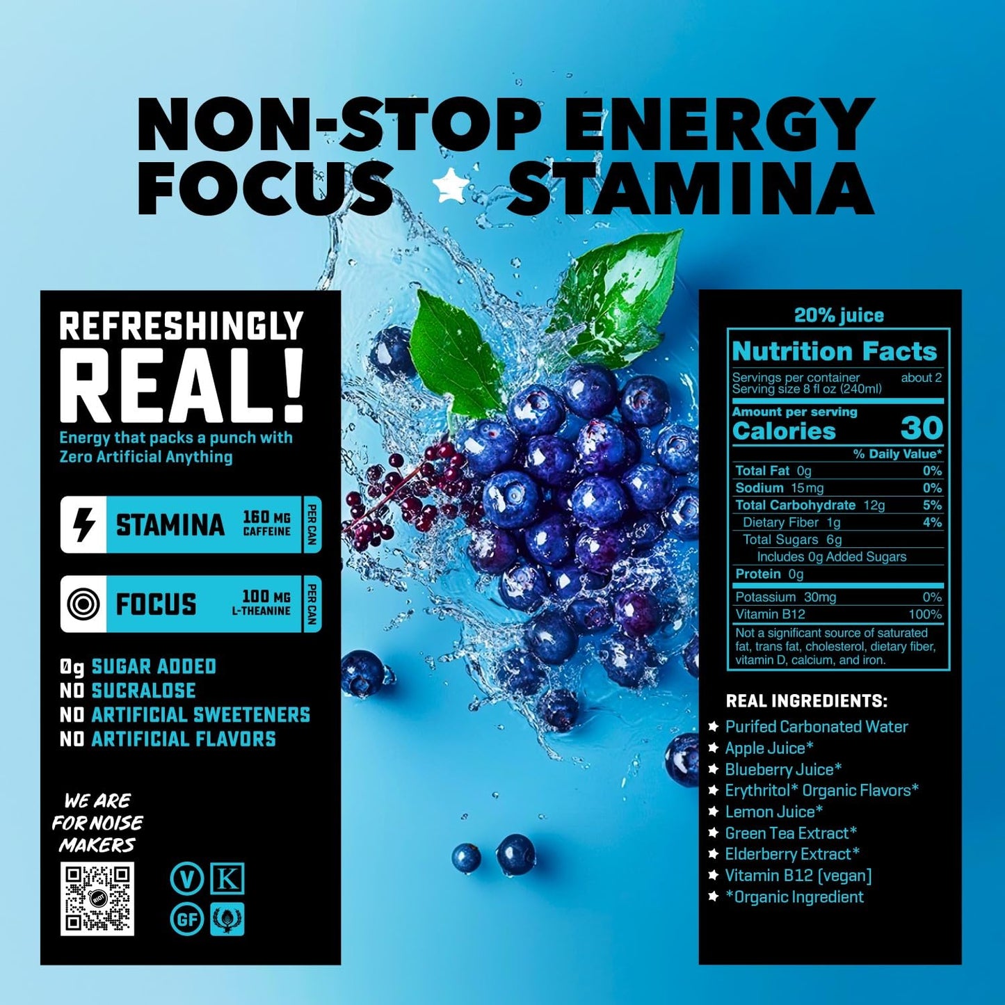 RIOT Clean Energy Drink - Berry | No Sucralose, No Sugar Added, No Artificial Flavors | 160mg Natural Caffeine + 100mg L-Theanine | Clean Focus
