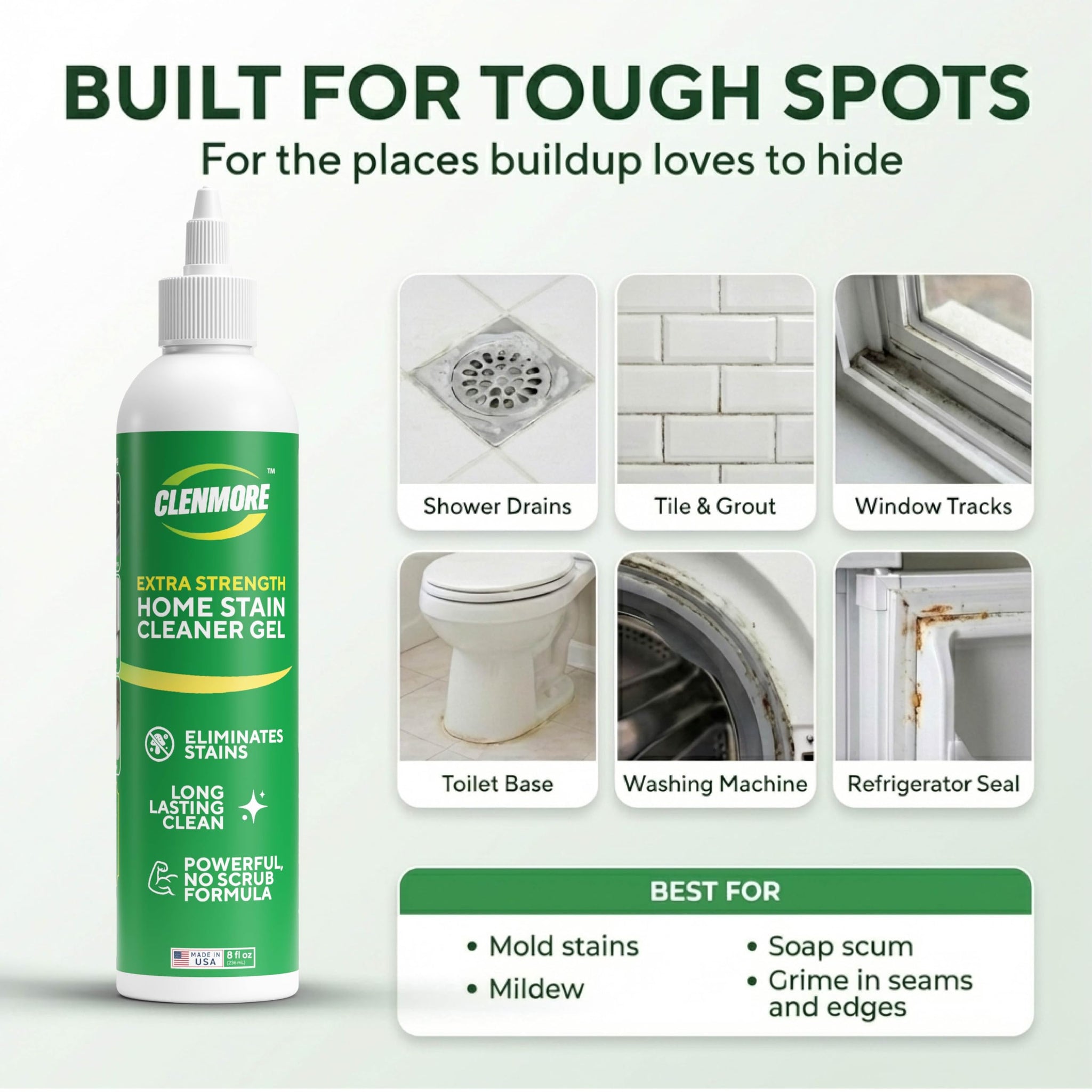 Clenmore Home Stain Cleaner Gel - Extra Strength Stain Remover For Tiles, Grout, Showers, Tubs, Rubber Seals & Toilets - No Scrub Grout Cleaner