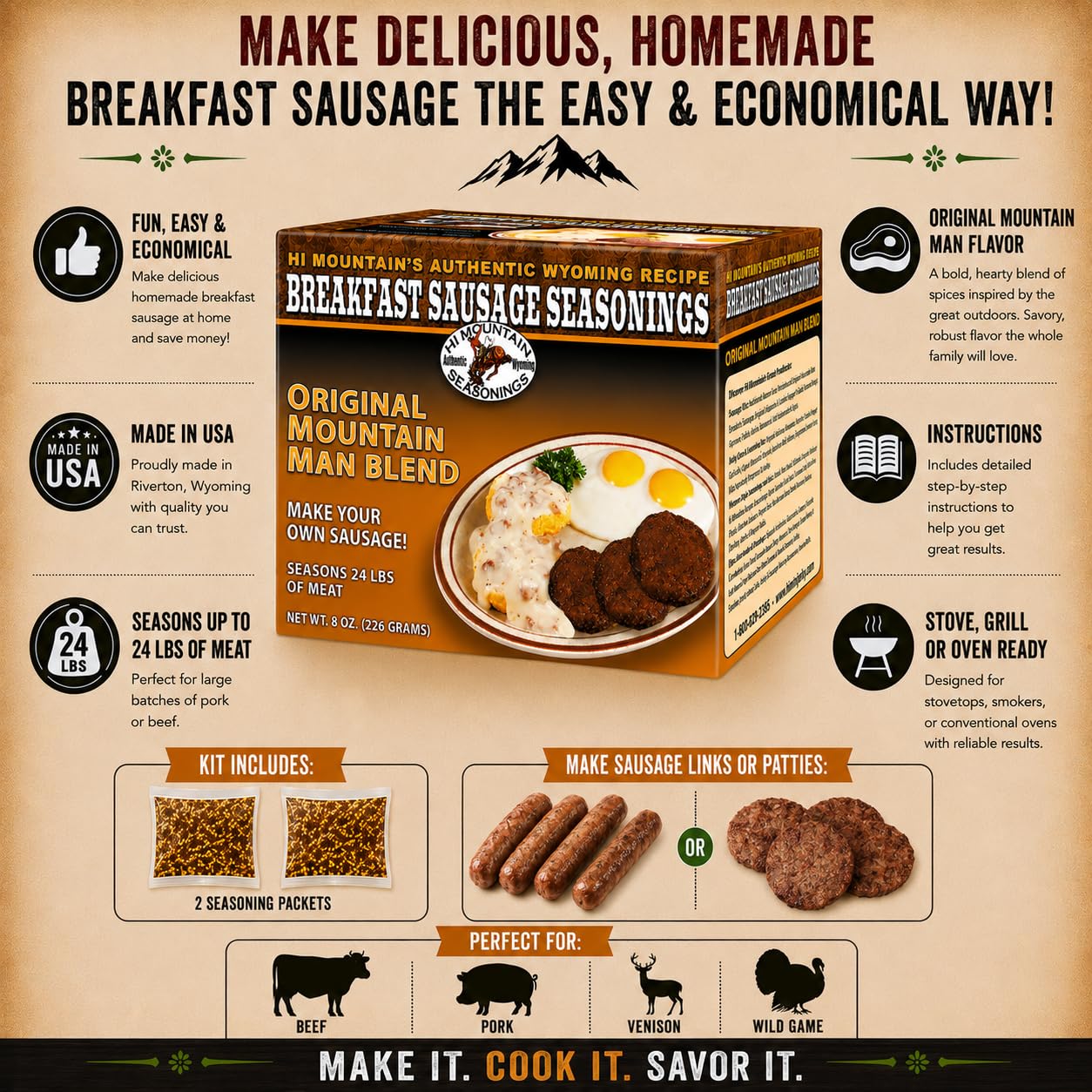 Hi Mountain Breakfast Sausage Seasoning Mix | ORIGINAL MOUNTAIN MAN | Make Homemade Sausage with Pork, Venison, Deer, Elk & Wild Game | Makes up to 24