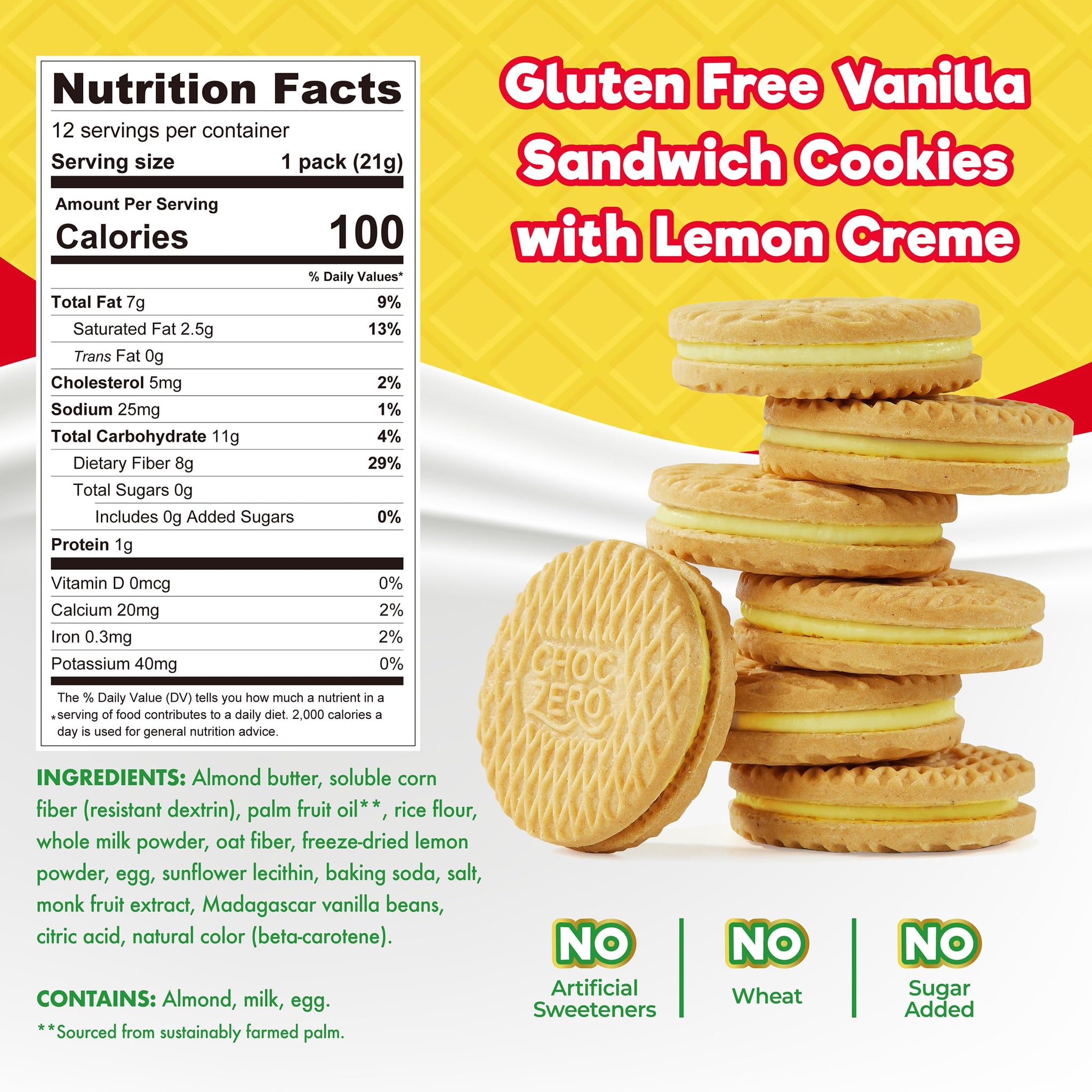 ChocZero Lemon Dunkies - Sugar Free Lemon Sandwich Cookies, Keto Friendly, Gluten Free, High Fiber, Low Net Carb - 9oz Box