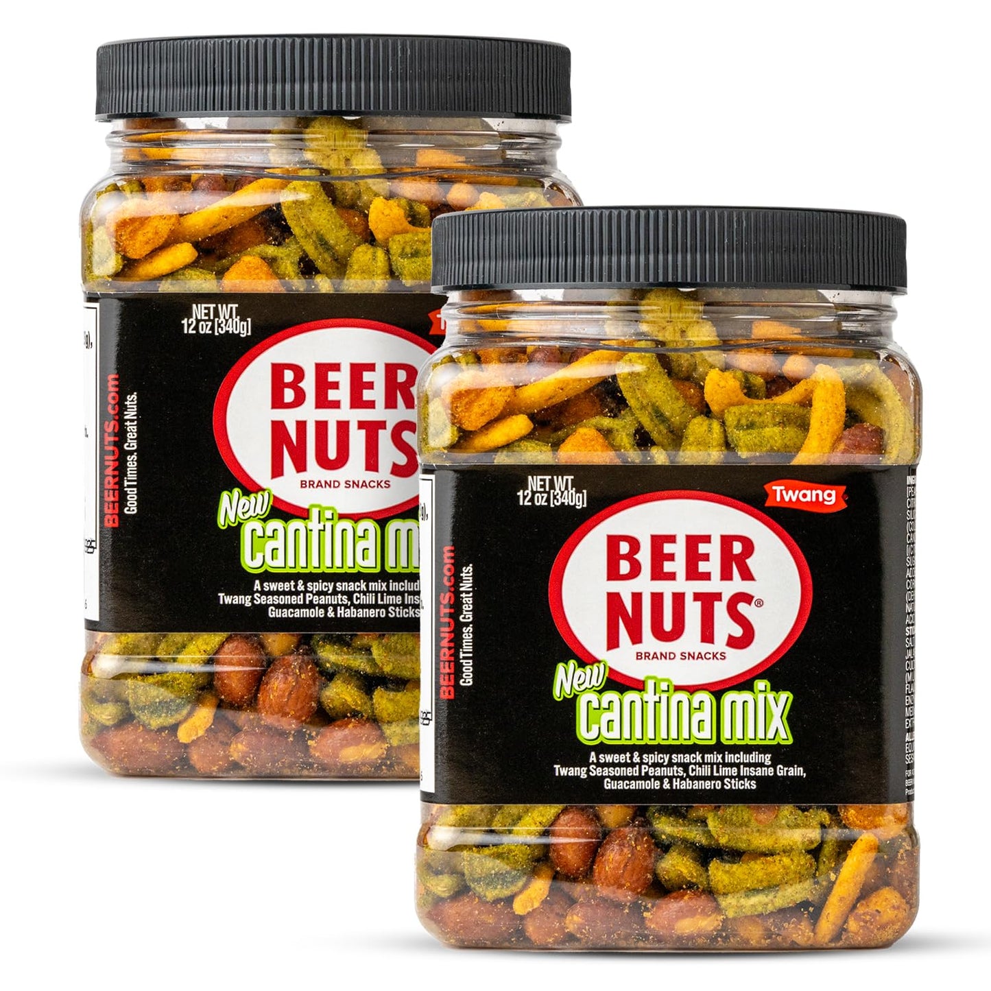 BEER NUTS Cantina Mix with Twang - Twang Seasoned Peanuts, Chili Lime Insane Grain, Guacamole & Habanero Sticks - 12oz Resealable Jar (Pack of 2)