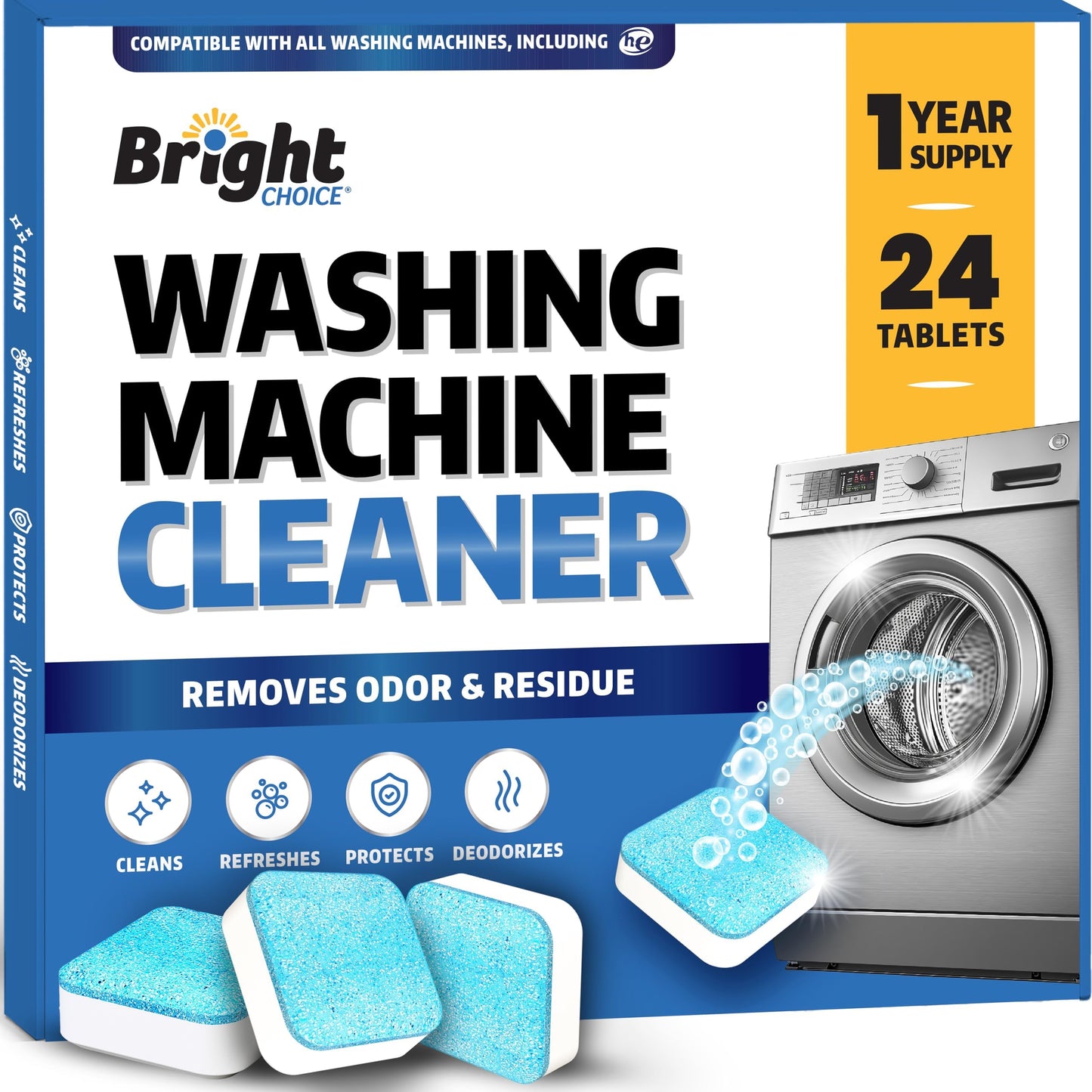 Washing Machine Cleaner Tablets 24 Pack - Deep Cleaning Tablets for Front & Top Load, Works With HE Washers, Removes Residue, Odor & Pet Hair - 12