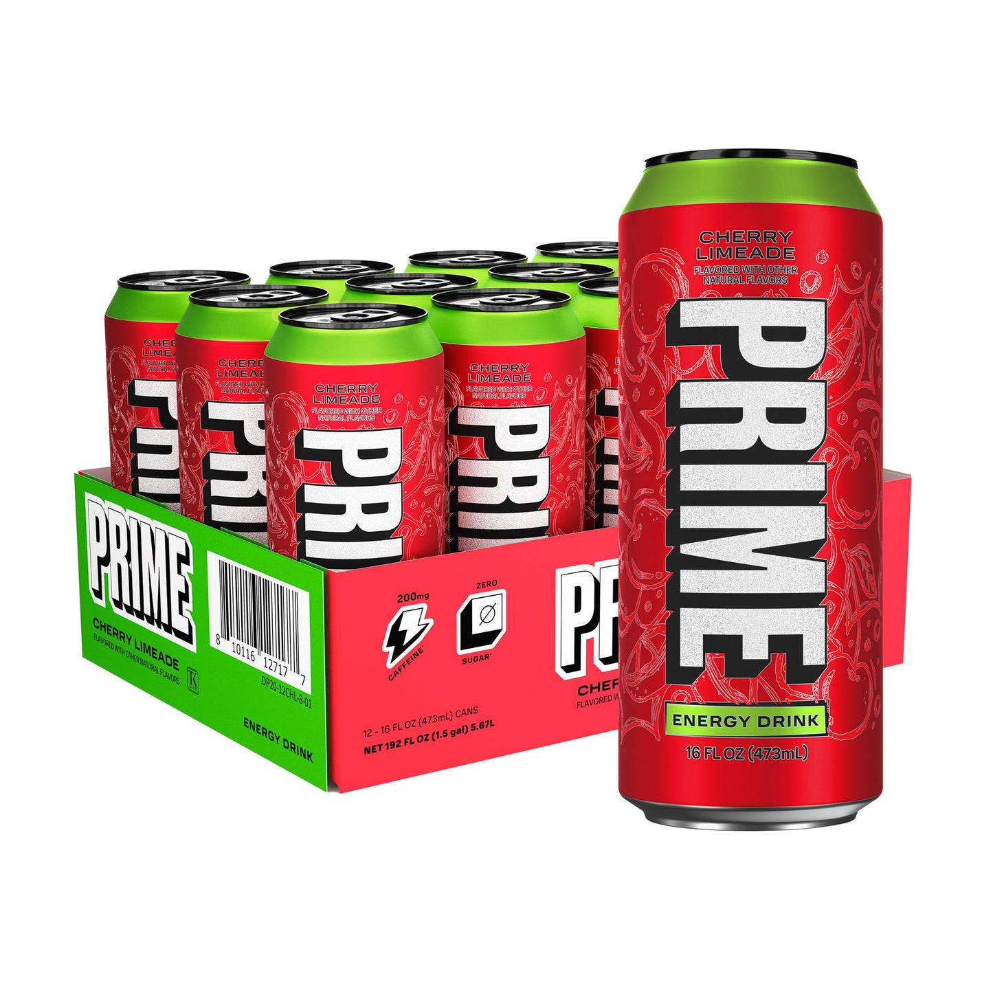 PRIME Energy CHERRY LIMEADE, Zero Sugar Energy Drink, 200mg Caffeine and 355mg of Electrolytes for Hydration, Vegan, Gluten Free,16 Fluid Ounce, 12
