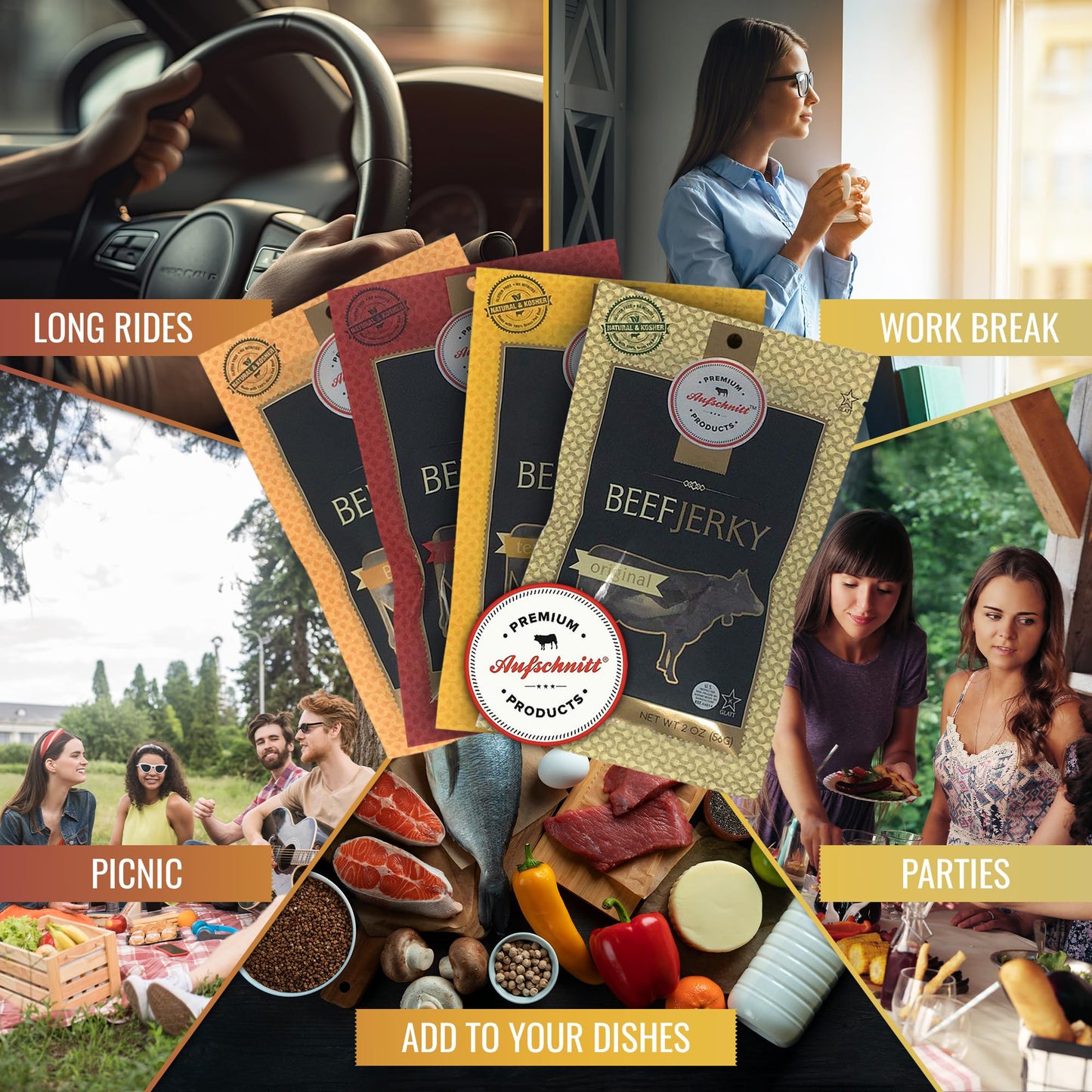Aufschnitt Grass Fed Beef Jerky - Low Sodium, Certified Kosher - Made in USA - Keto Friendly - 5 Pack, Variety Pack
