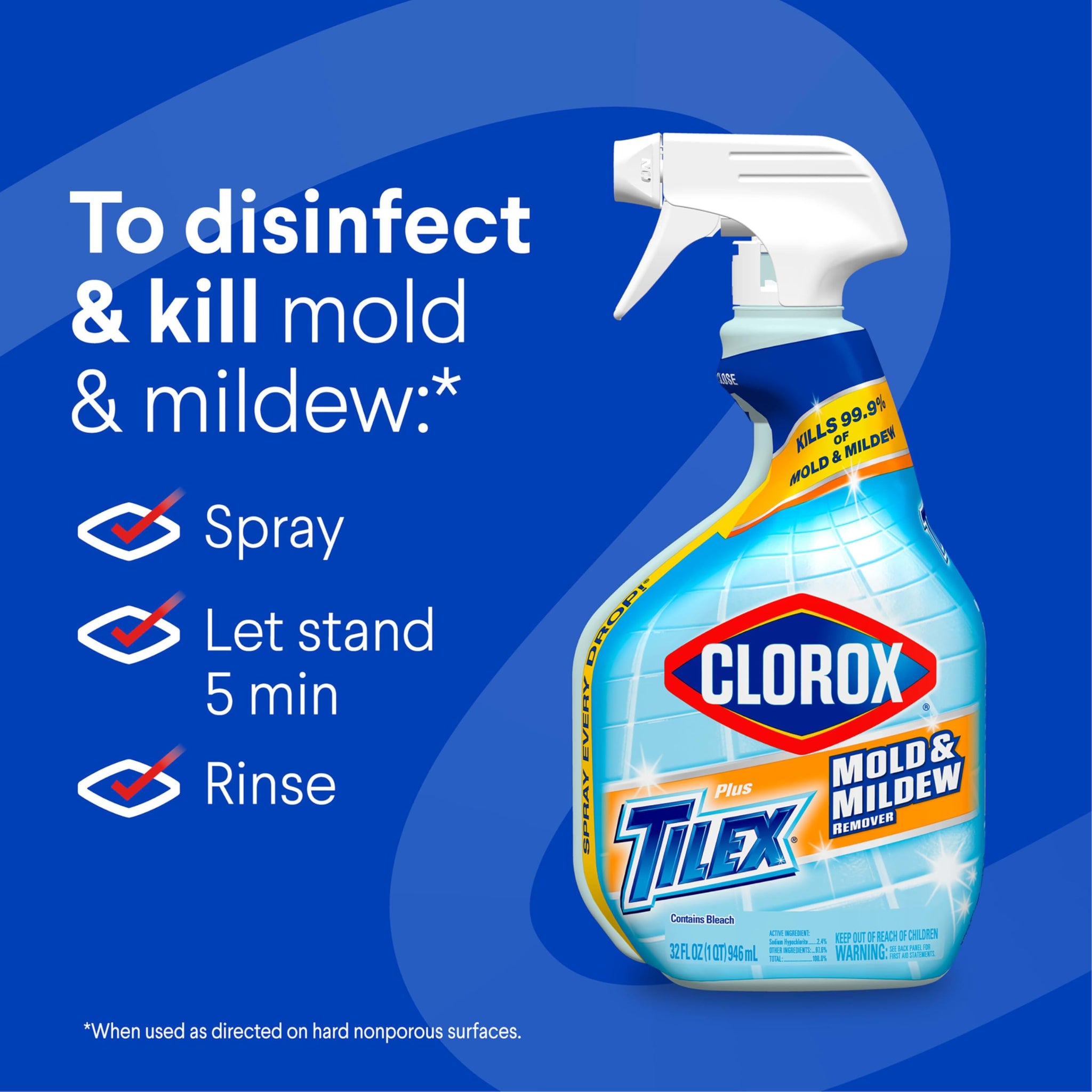 Clorox Plus Tilex Mold and Mildew Remover with Bleach, Spray Bottle, 32 Fl Oz (Package May Vary)