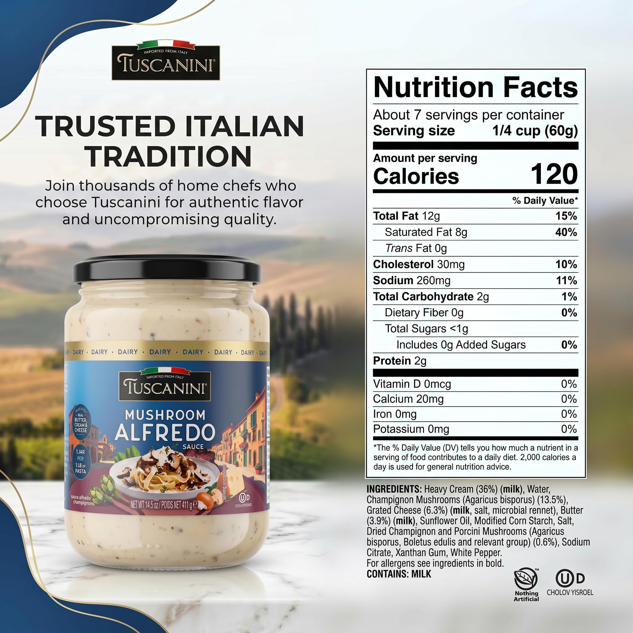 Tuscanini Mushroom Alfredo Sauce, 14.5 oz | Imported from Italy | Made with Real Butter, Cream & Cheese | Creamy Mushroom Pasta Sauce for Fettuccine