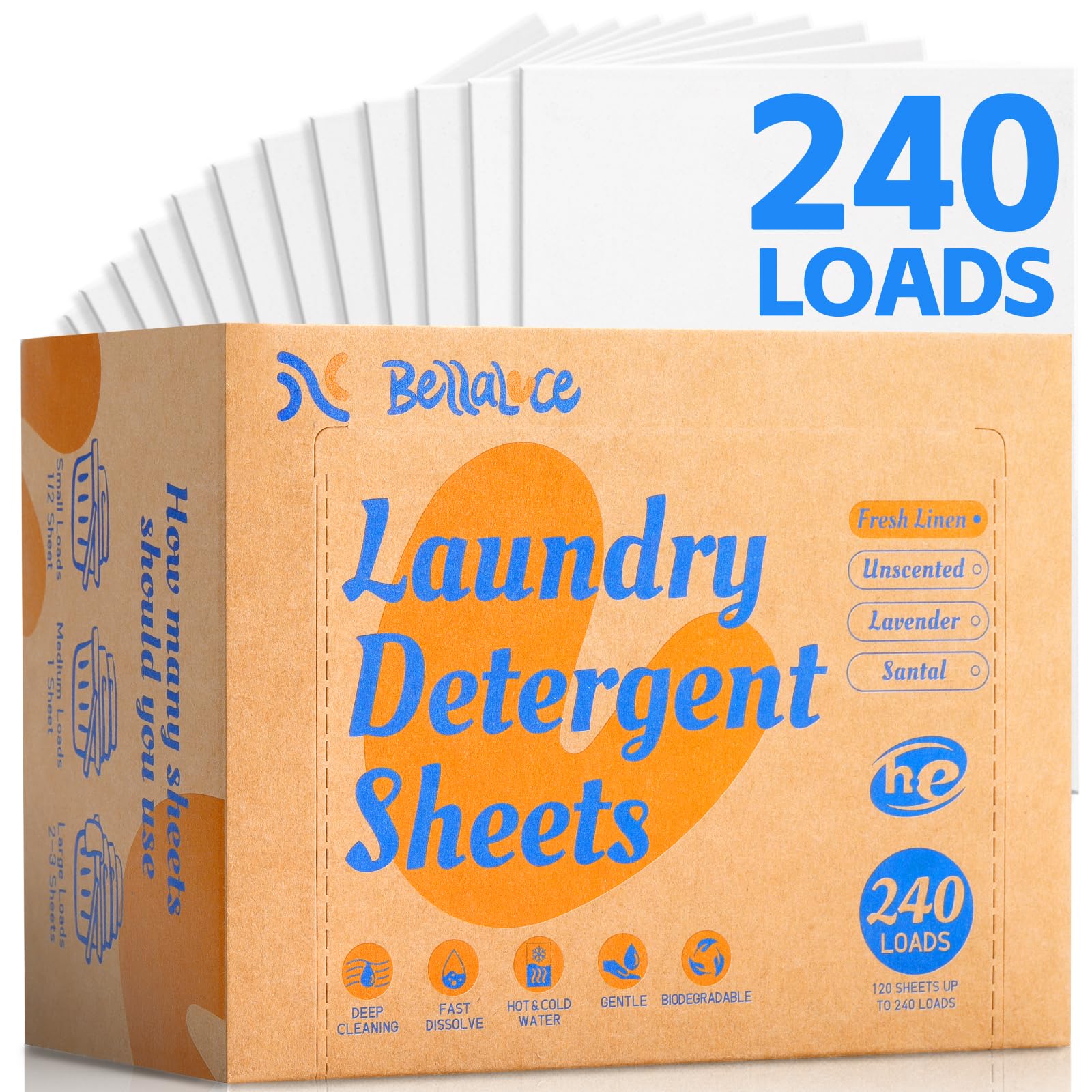 BellaLuce Laundry Detergent Sheets - Laundry Sheets, 240 Loads, Eco-Friendly, Plastic-Free, Fresh Linen Scent, Space Saving, Fast Dissolve
