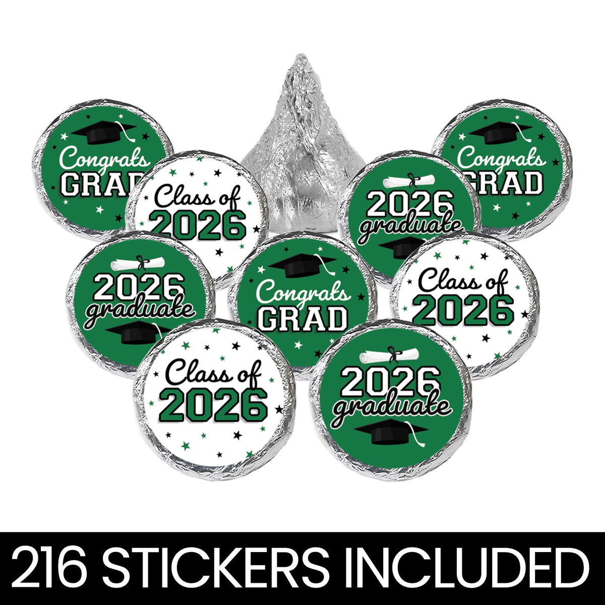 DISTINCTIVS Class of 2026 Graduation Candy Stickers for Chocolate Drops, Green Grad Party Favors - 216 Count