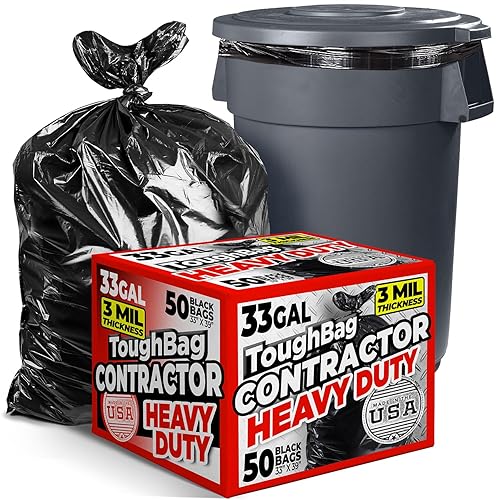 ToughBag 30-33 Gallon Trash Bags Heavy Duty (50 COUNT) 3 Mil Contractor Trash Bags - Heavy Duty Black Contractor Can Liners - Made In USA