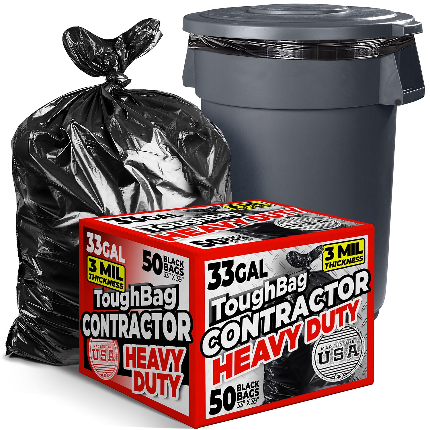 ToughBag 30-33 Gallon Trash Bags Heavy Duty (50 COUNT) 3 Mil Contractor Trash Bags - Heavy Duty Black Contractor Can Liners - Made In USA