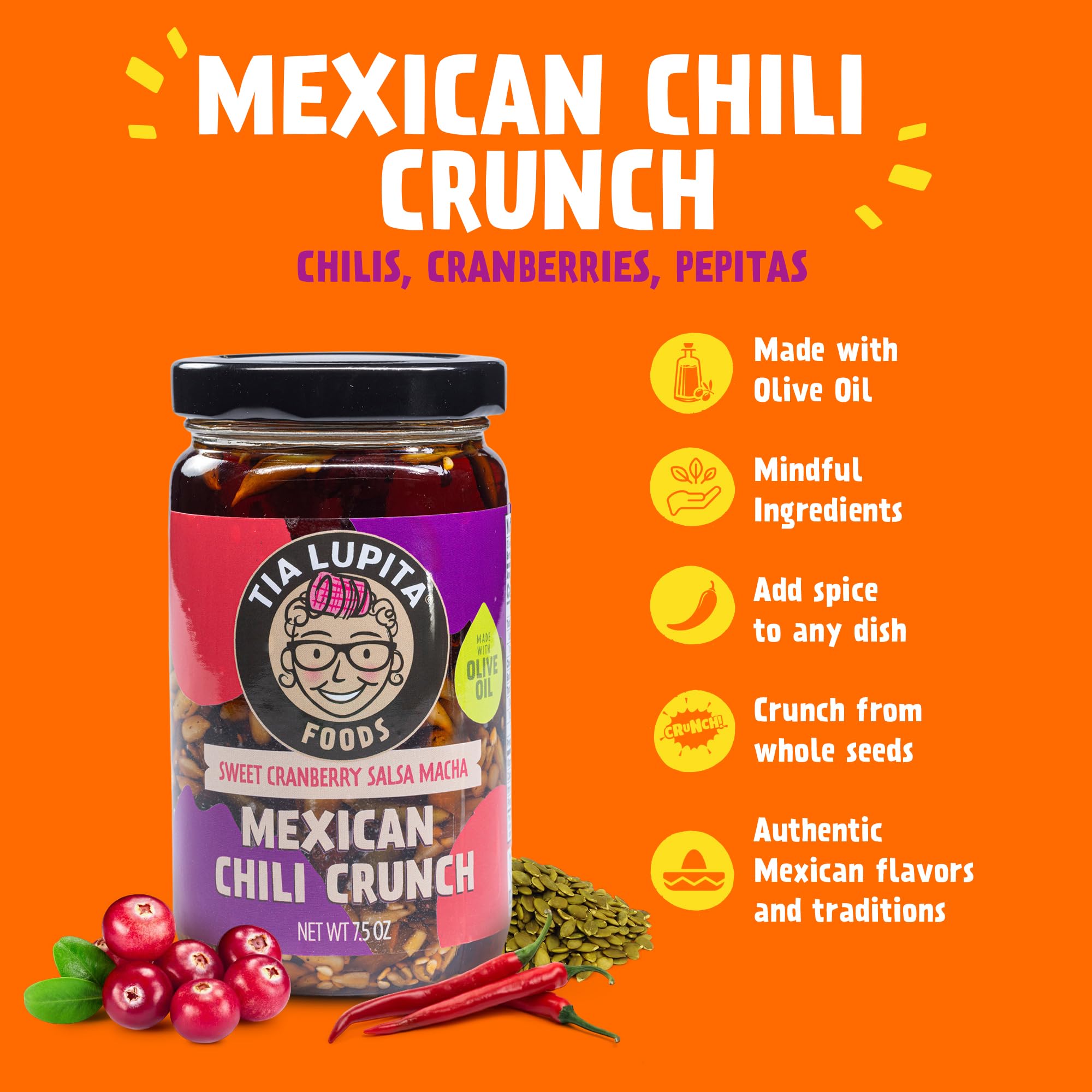 Tia Lupita Salsa Macha Chili Crunch Oil - Cranberry Flavor Crunchy Morita Chili Oil | Made w/Olive Oil, Gluten Free, Non-GMO, Vegan (7.5 Oz)